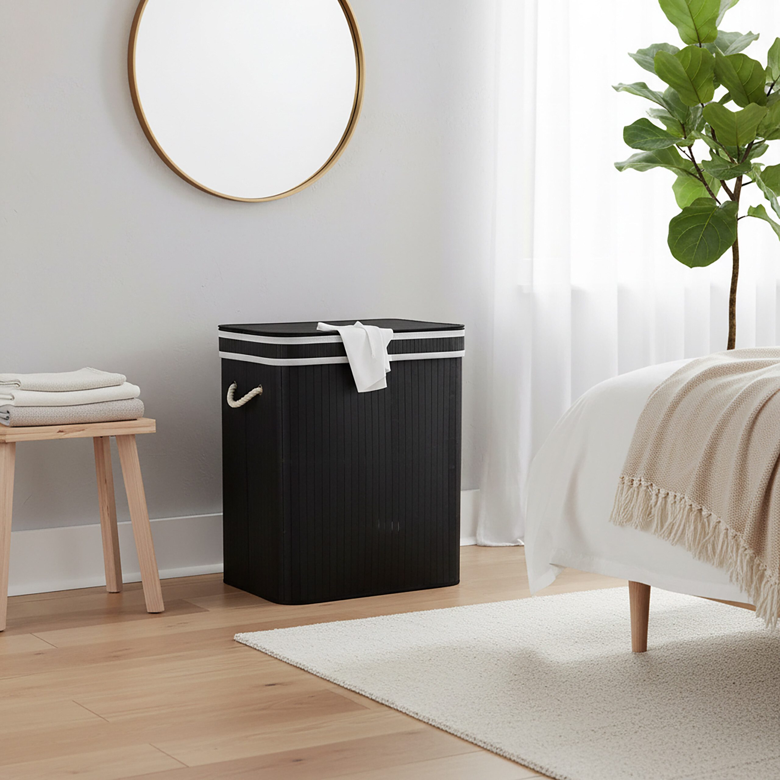 relaxdays Wäschekorb Bambus Wäschekorb mit 2 Fächern, schwarz günstig online kaufen