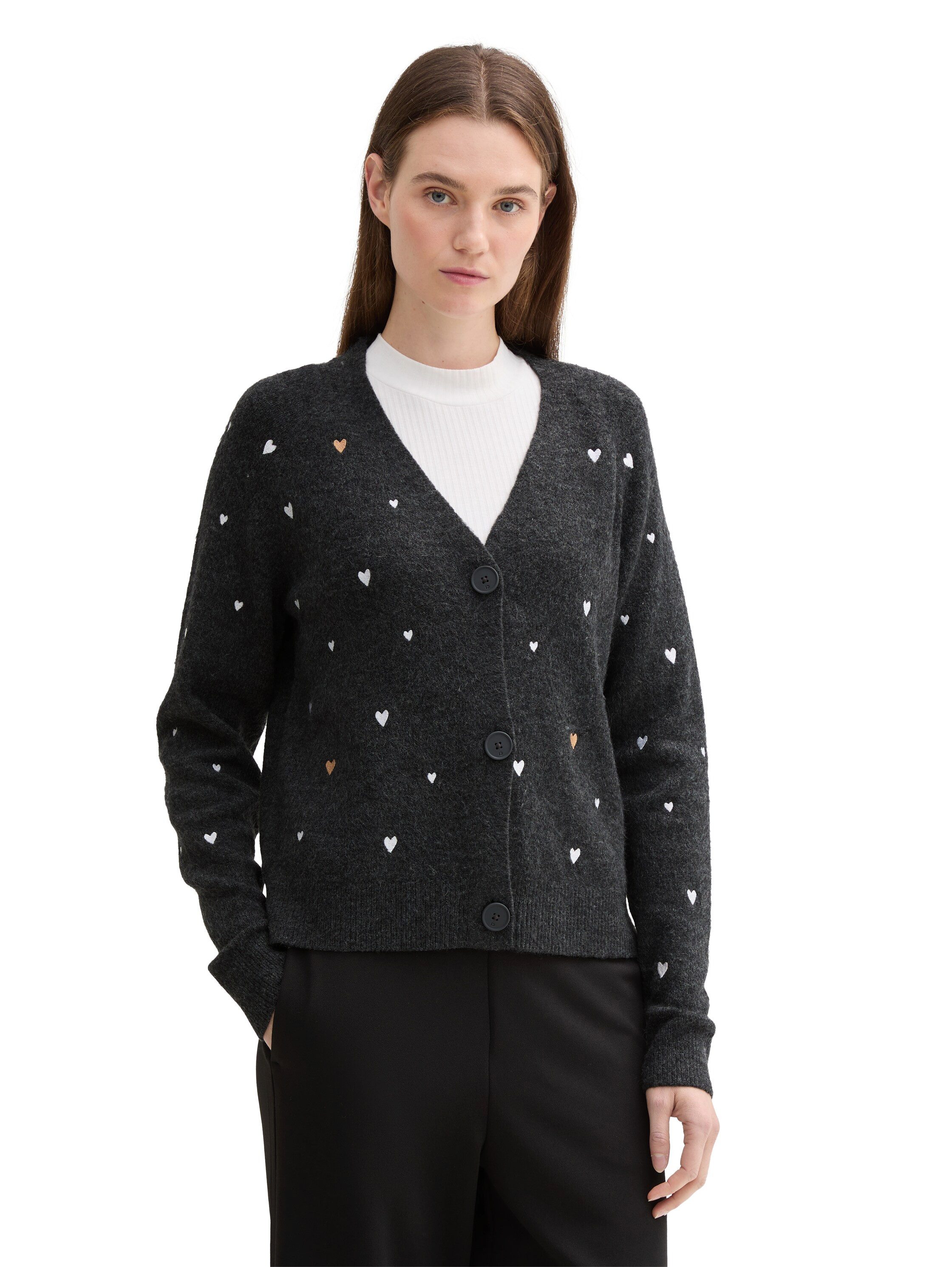 TOM TAILOR Denim Strickjacke mit Knopfleiste und Herz-Prints