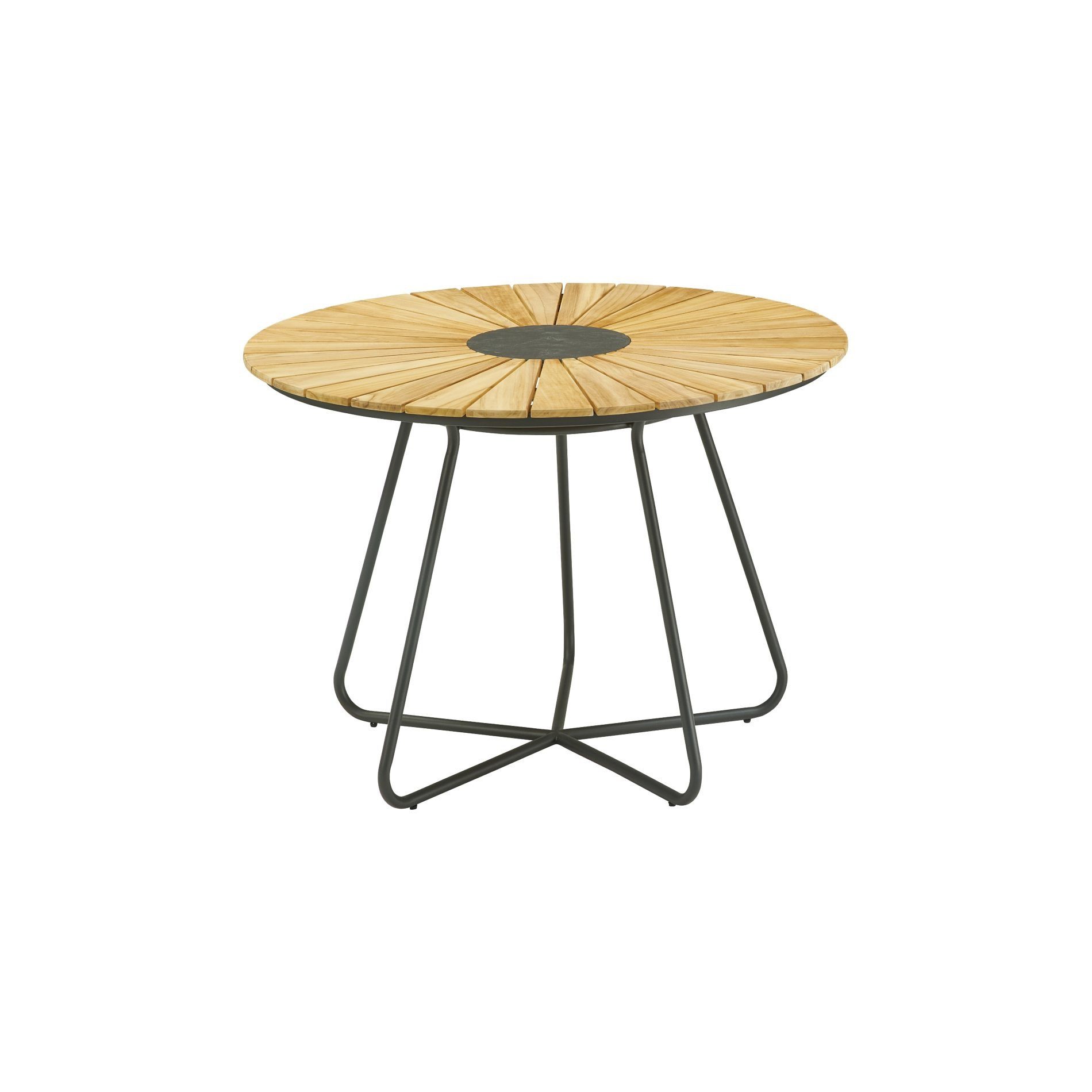 Liadomo Gartentisch Atina (standfester Outdoor-Tisch, rund Ø 110 cm), Teakholz/Edelstahl anthrazit, Ablage für heiße Pfannen