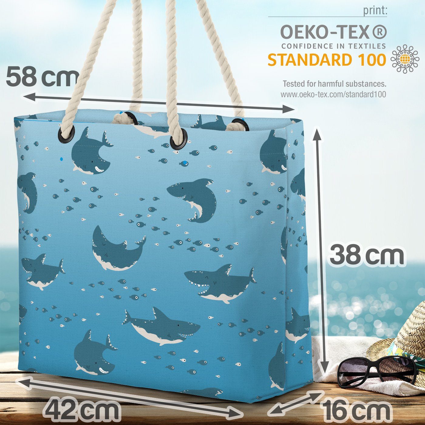 und Strandtasche Haie Meer VOID Bag Beach Fisch-Schwarm Skandinavisch Fische maritim (1-tlg), Kinderzimmer