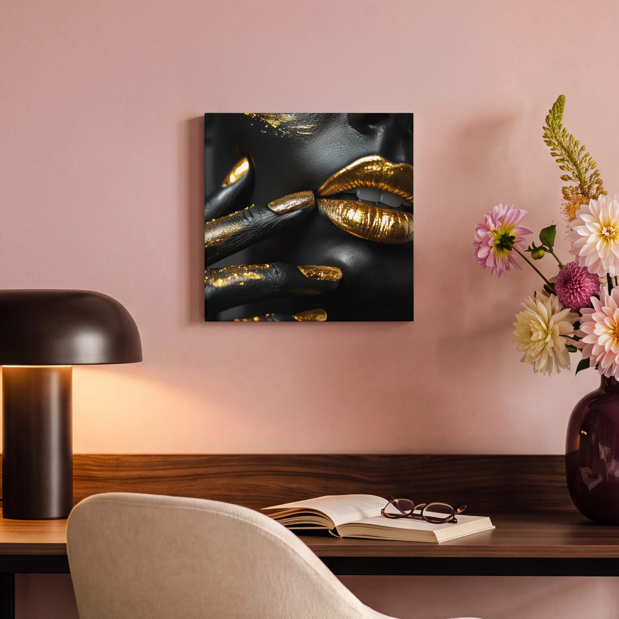 OneMillionCanvasses® Leinwandbild Lippen - Gold - Abstrakt - Schwarz - Frau, Fotodruck (1 St), Leinwand Bilder Klein, Wand Dekoration Aesthetic 30x20 cm – Bild 4 von 5