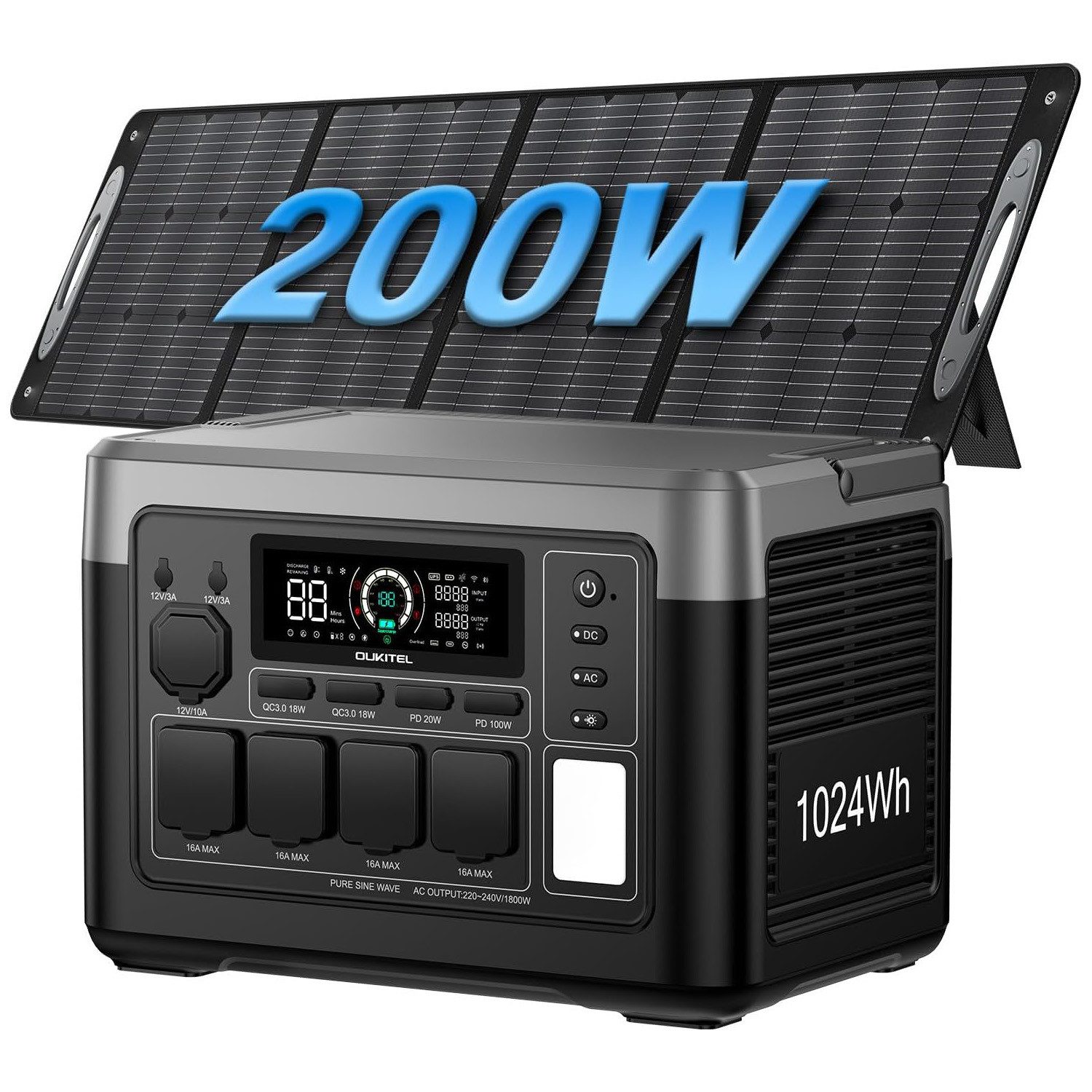 OUKITEL Stromerzeuger P1000E Plus 1800W/1024Wh Tragbare Powerstation, 1,8 in kW, (LiFePO4-Akku, 1-tlg., Mit 200W Solarpanel), Solargenerator mit 4*1800W AC Ausgänge, für Camping,Wohnmobil,Notfall