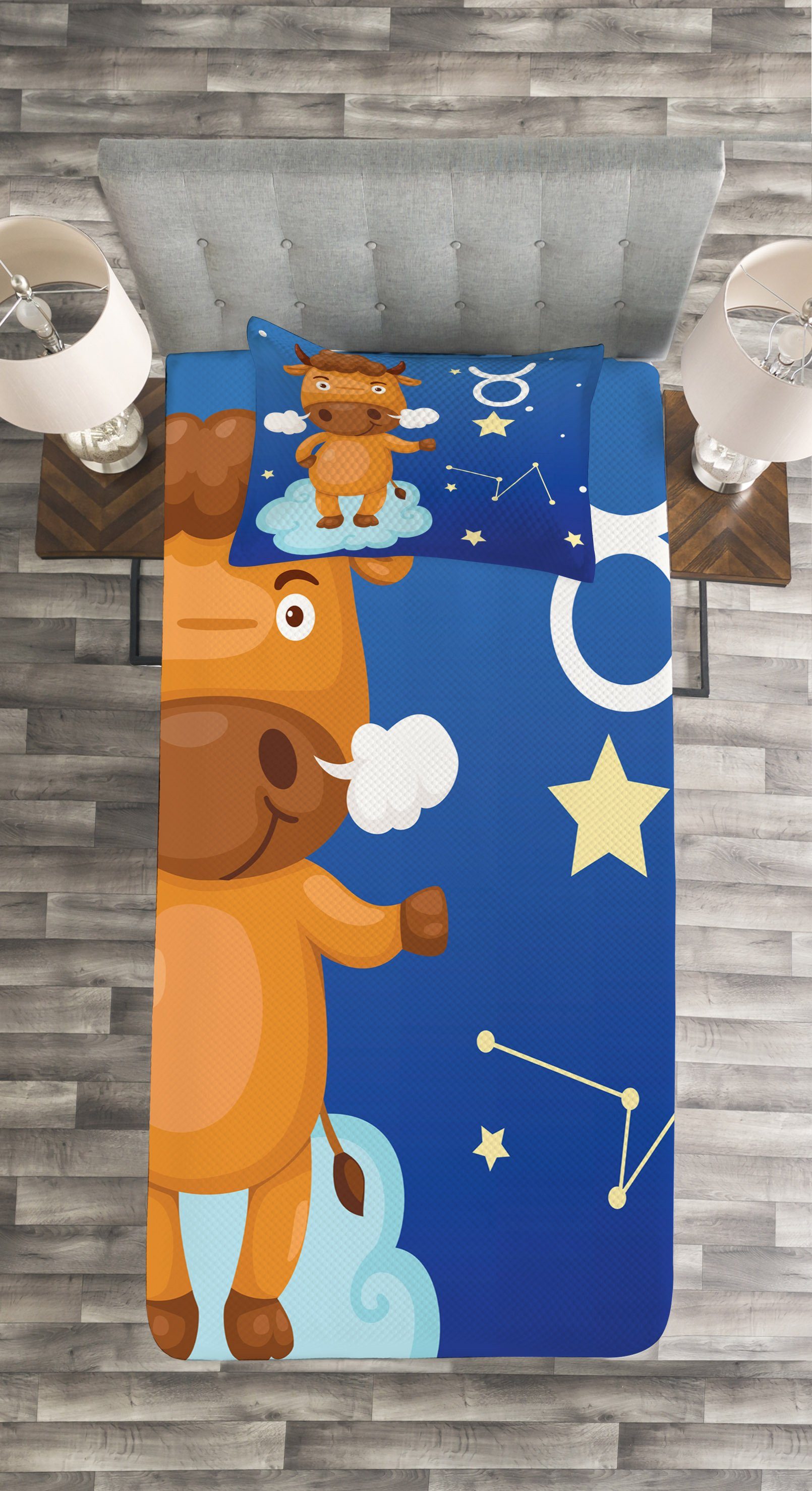 Bull Wolke Kissenbezügen Waschbar, auf Stier mit Sternzeichen Set einer Abakuhaus, Tagesdecke