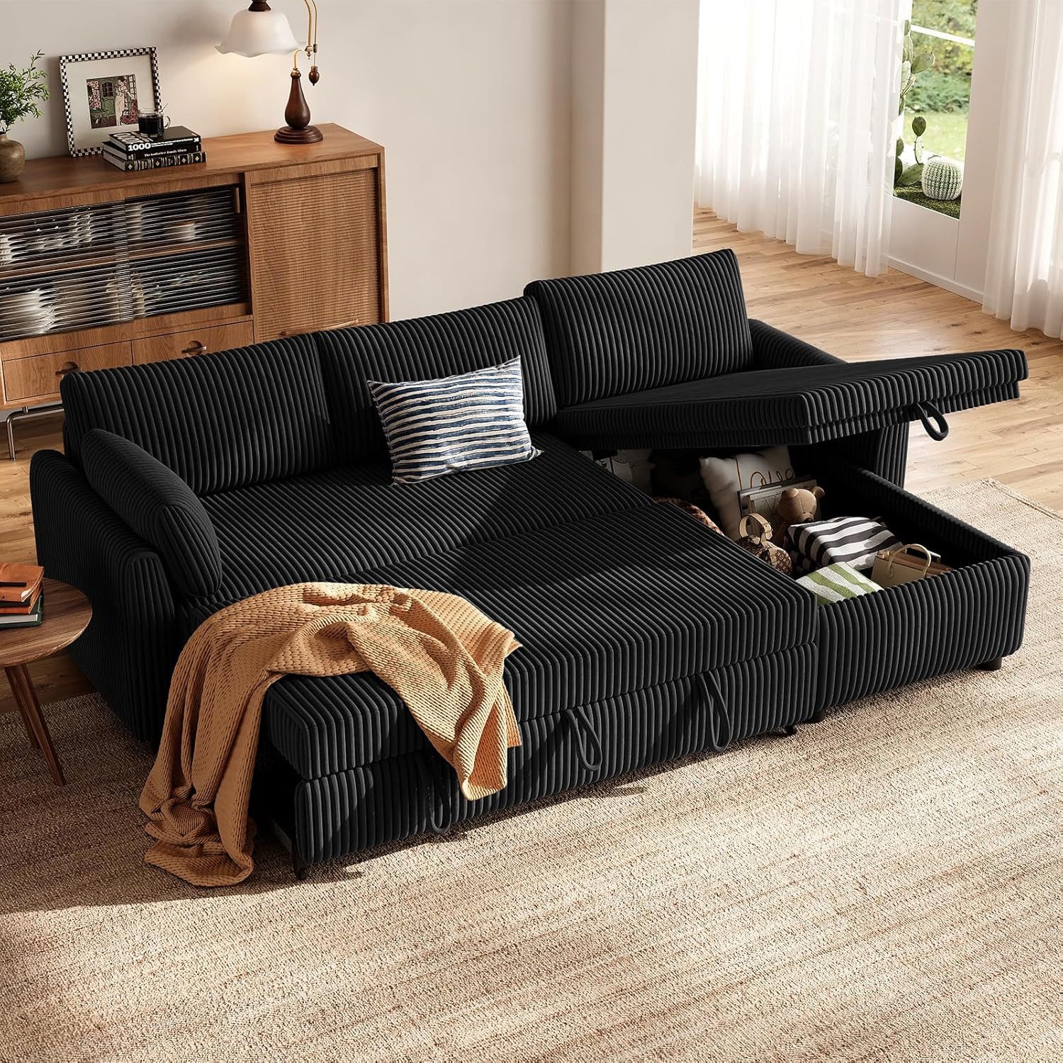 Patbrela Ecksofa mit Schlaffunktion, L-Form Ausziehbares Sofa mit Stauraum, Extra tiefe Sitzfläche; Links/Rechts montierbare Ottomane