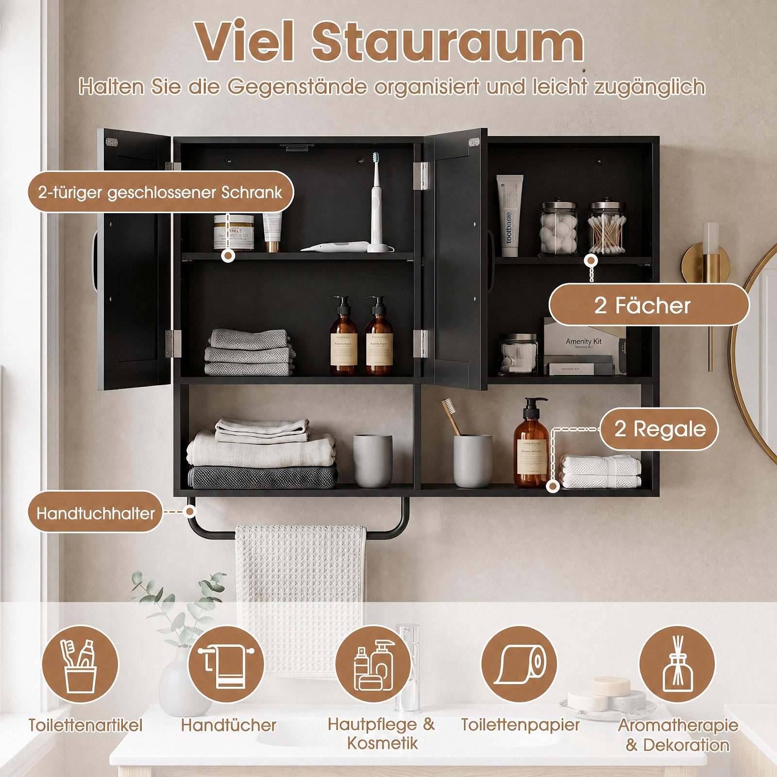 COSTWAY Hängeschrank Badezimmerschrank mit Handtuchhalter, Fächern Wandschrank Holz – Bild 3 von 5