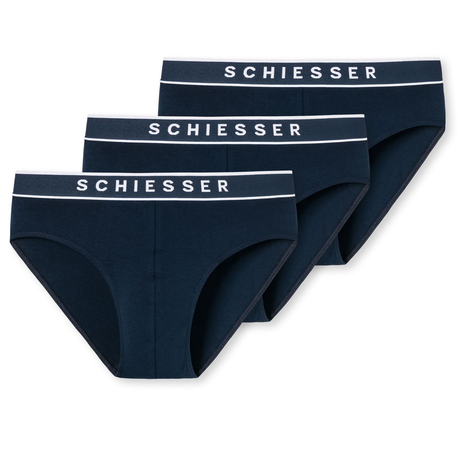 Schiesser Slip (3-St) mit im Navy 3er Pack sportlichem SCHIESSER-Logo-Prägung Webgummibund und