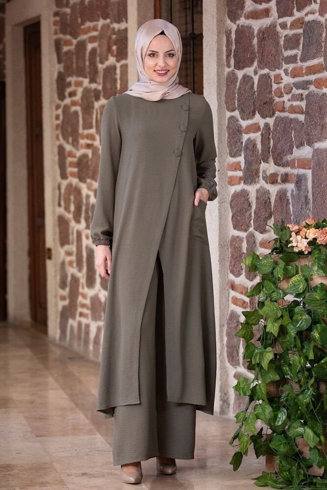 Stoff Hose mit Damen Zweiteiler Hijab Tunikakleid Longtunika Khaki Modavitrini Anzug Kleidung Aerobin