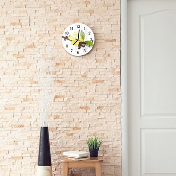 Primedeco Wanduhr Wanduhr aus Glas mit Motiv Vanilleschoten und Blüten - Rund mit Durchmesser 30 cm und Quarzuhrwerk