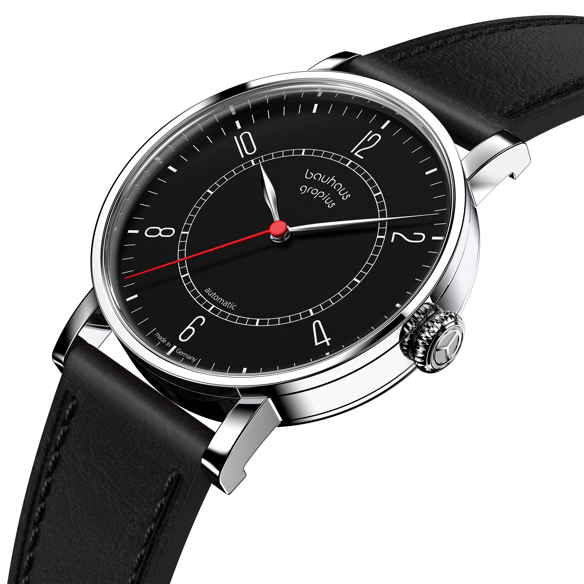 Walter Gropius Automatikuhr Made in Germany, Damenuhr, Herrenuhr, Unisex, Saphirglas - WGNA 001-03 New Bauhaus Automatik, Armbanduhr, Lederarmband, Edelstahlgehäuse, Mechanisch, Uhr, Schwarz