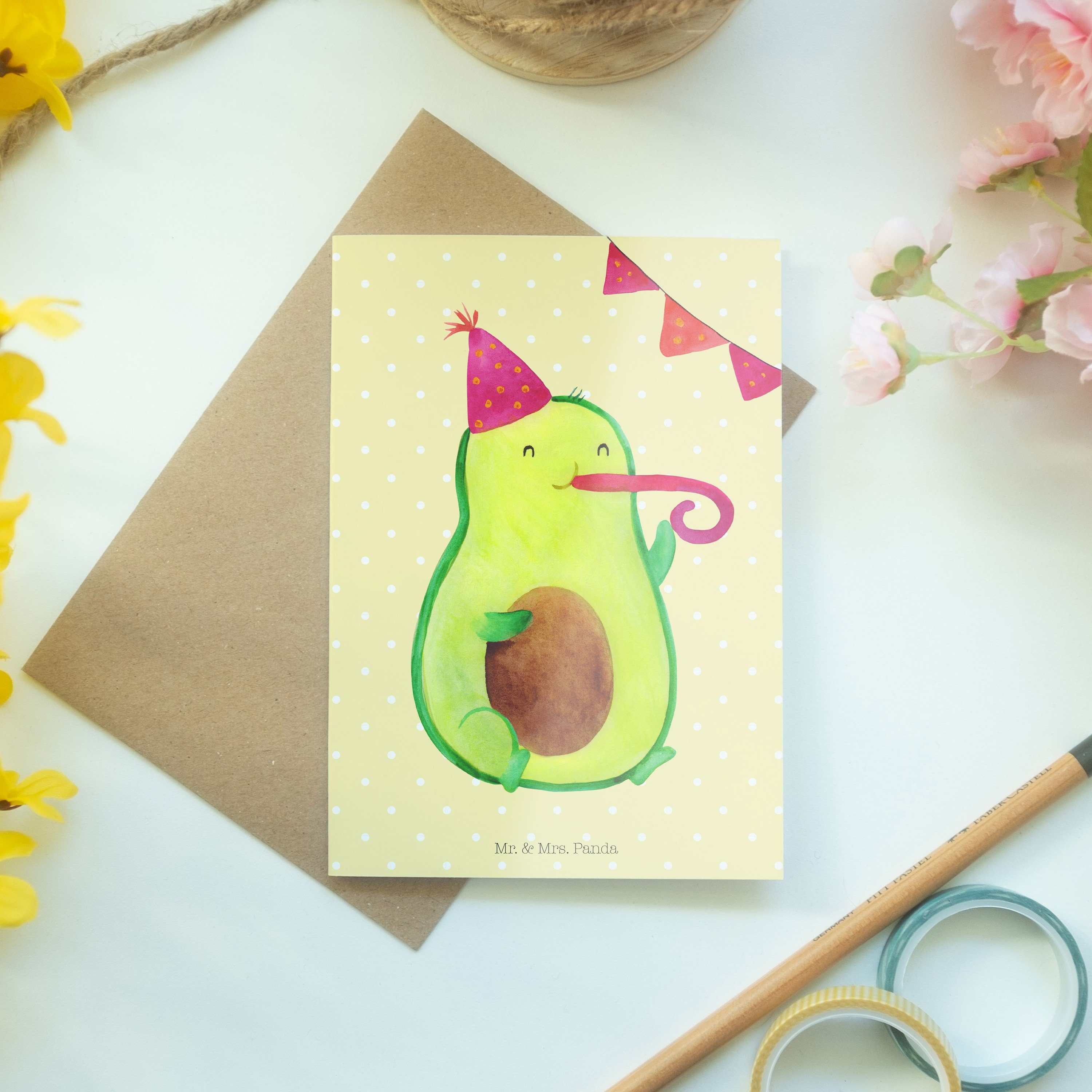 Mr. & Panda Mrs. Geschenk, Pastell Geburtstagskarte Gelb - Avocado Frucht, Birthday Grußkarte 