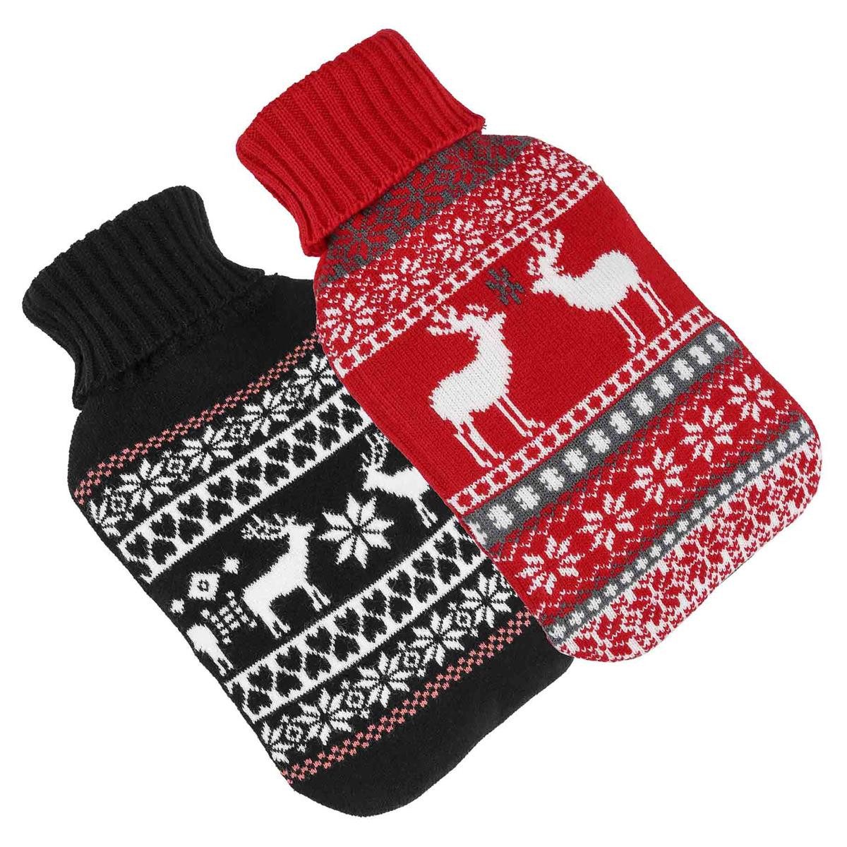 Wärmflasche 2er Set Wärmflasche 2 Liter mit Bezug Flauschig Winter Rot Schwarz