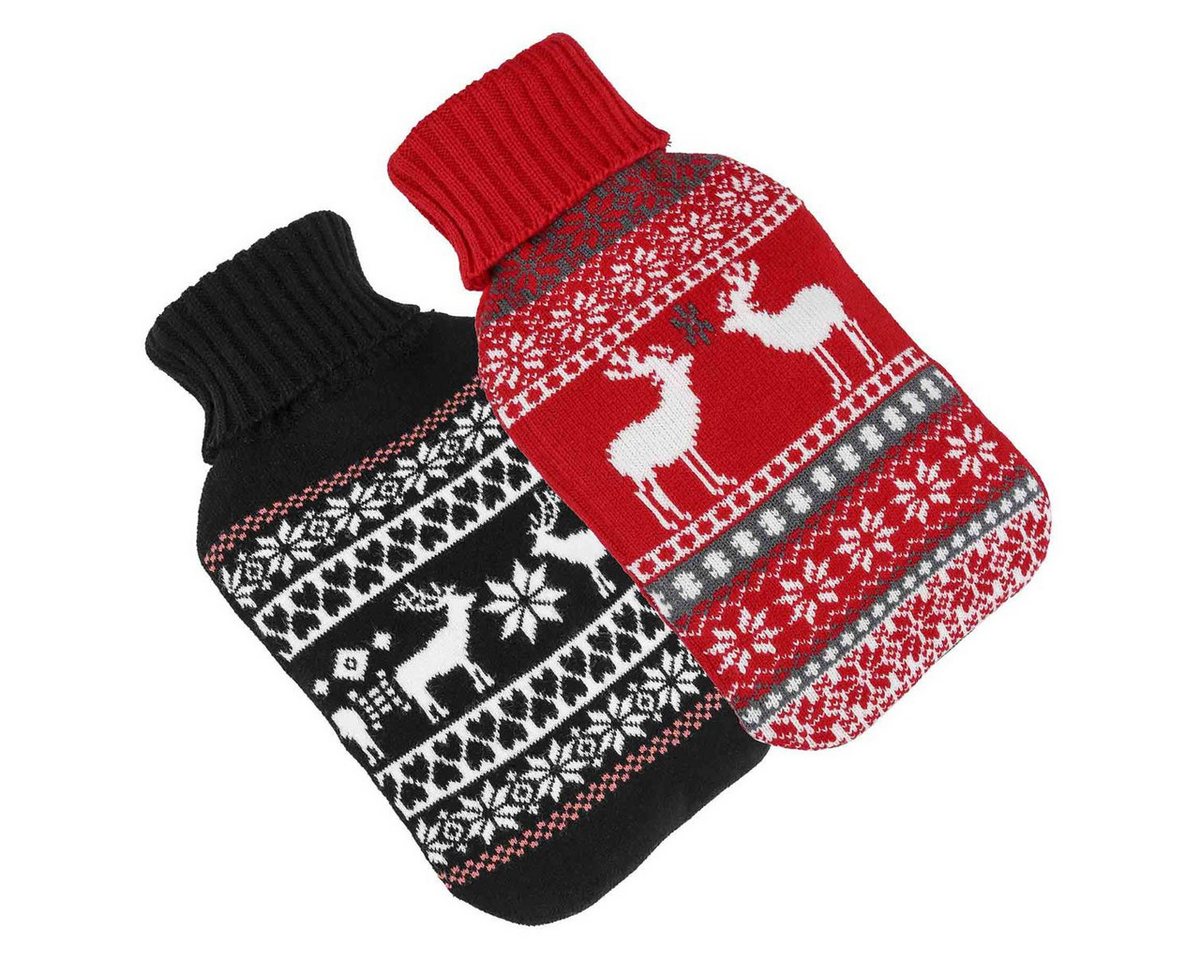 Bambelaa! Wärmflasche 2er Set Wärmflasche 2 Liter mit Bezug Flauschig Winter Rot Schwarz
