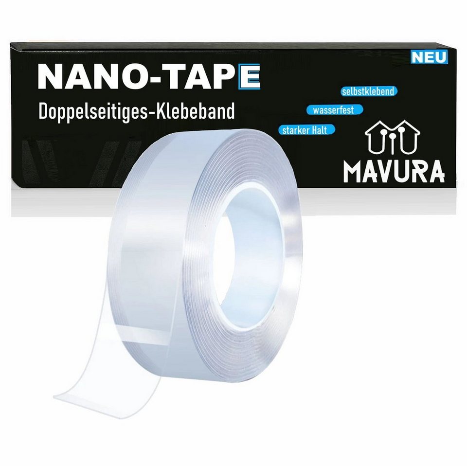 MAVURA Doppelklebeband NANO-TAPE Premium Nano Tape Klebeband doppelseitig  ultra stark Kleber waschbar doppelseitiges Klebe Band extra Stark (3,65€/m)