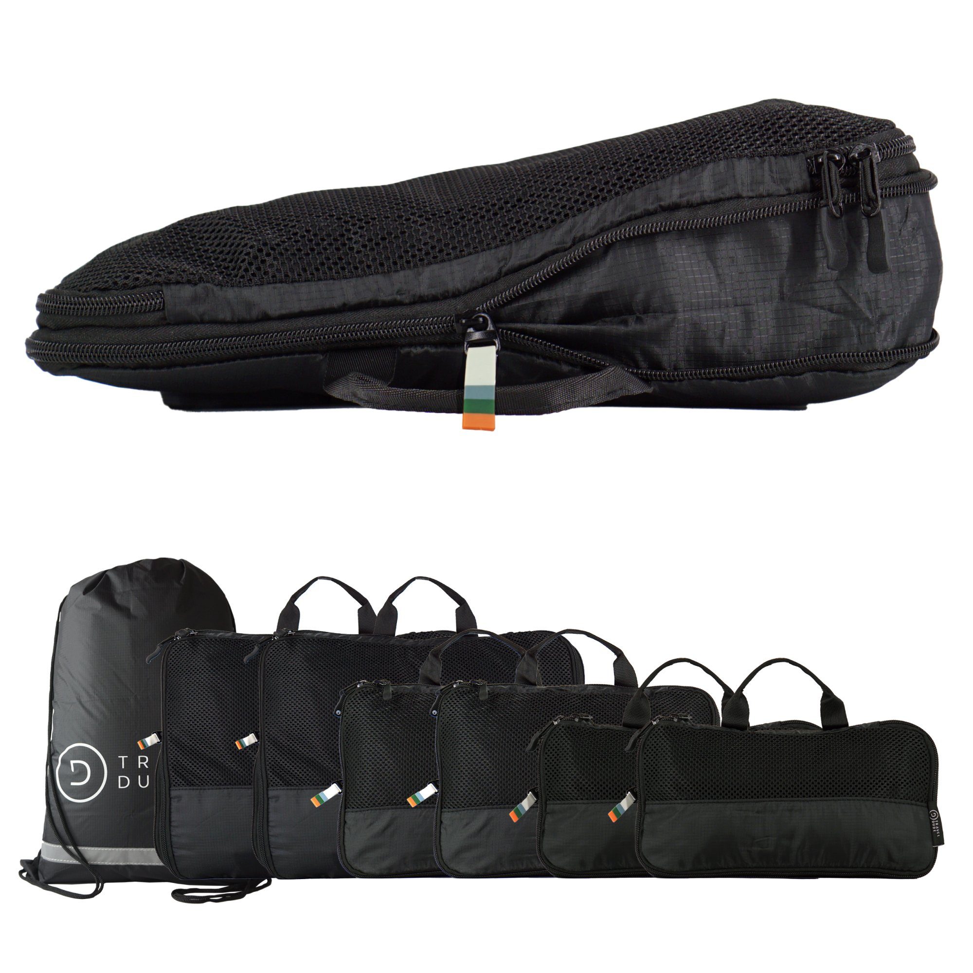 TRAVEL DUDE Kofferorganizer aus recycelten Plastikflaschen (ultraleichte Packwürfel, 4-tlg., Mit Packtaschen in verschiedenen Größen und einem Wäschebeutel), mit Kompression und einem Nassfach Schwarz