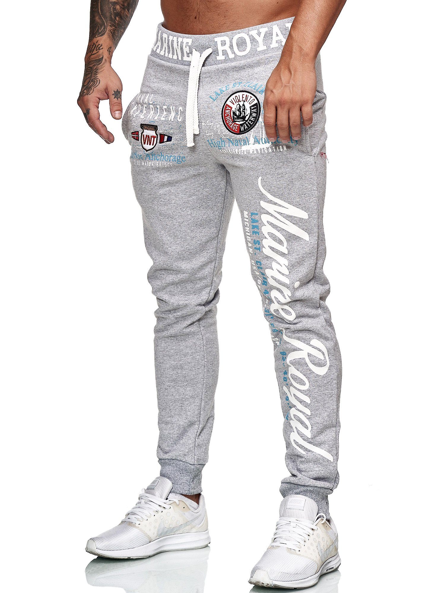 L.gonline Jogginghose Herren Sporthose mit (Sweatpants, Baumwolle, JoggingHOSE Casual Freizeit Grau 1-tlg) lang, Trainingshose Fitness Weiß