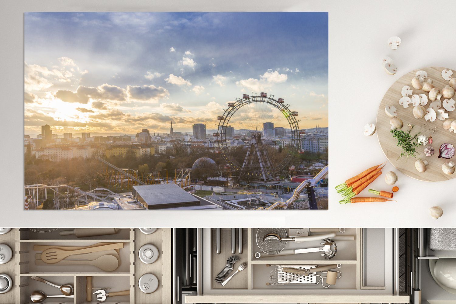 MuchoWow Herdblende-/Abdeckplatte Wien - Vinyl, Schutz für Riesenrad Sonnenuntergang, küche, tlg), Induktionskochfeld die (1 81x52 Ceranfeldabdeckung cm, 