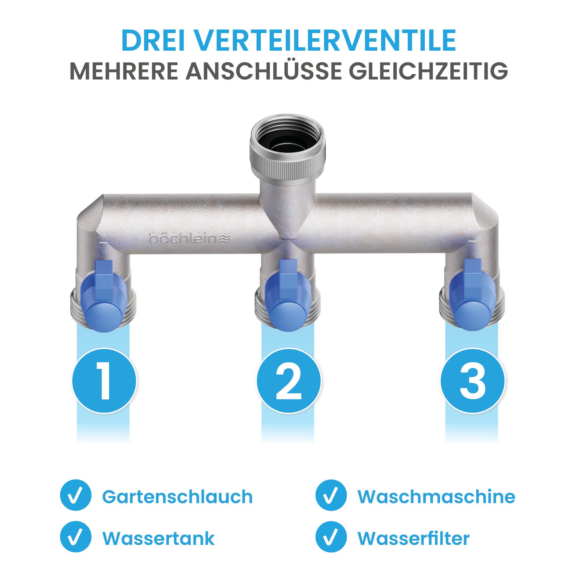 Bächlein 3-Wege Verteiler Bächlein Y-Verteiler mit Absperrhähnen - G 3/4" Wasserverteiler, deal für Gartenschlauch, Waschmaschine, Wassertank und mehr