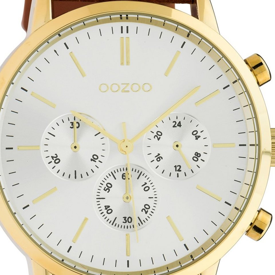 OOZOO Quarzuhr Oozoo Herren Armbanduhr braun Analog, Herrenuhr rund, extra  groß (ca. 48mm) Lederarmband, Fashion-Style, goldene Zeiger und Indizes