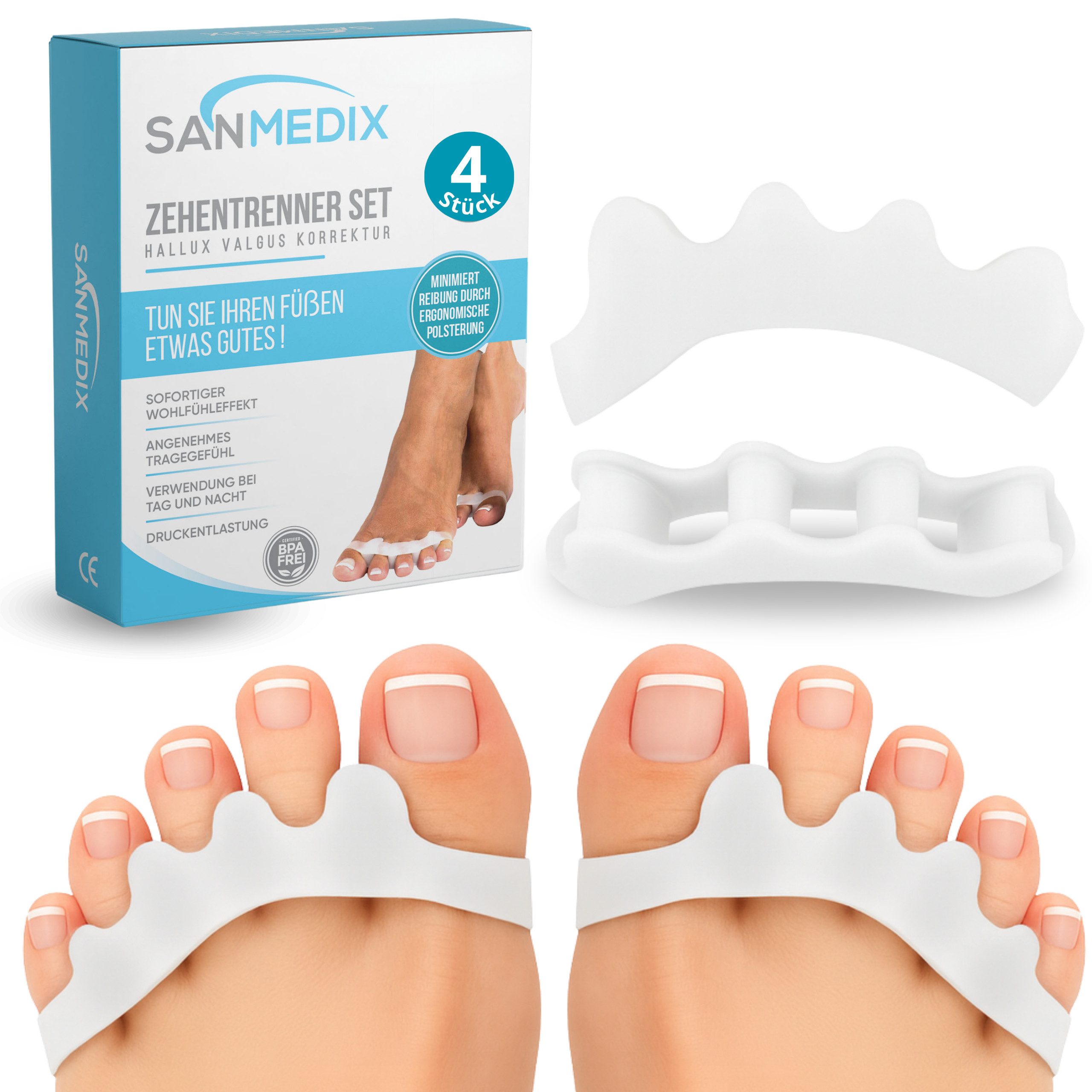Sanmedix Zehenspreizer für alle Zehen - Zehentrenner aus Silikon für Damen & Herren, 2 Paar / 4 Stück, Zehenstrecker Korrektur Set gegen Hallux Valgus, Ballenzehen uvm.