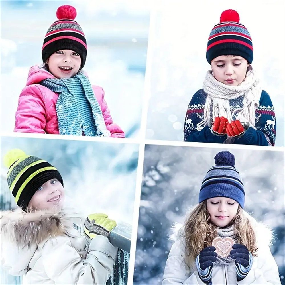wärmendes TUABUR Mütze Winter-Set: Fleece Handschuhe, & Kinder Blau Skihandschuhe