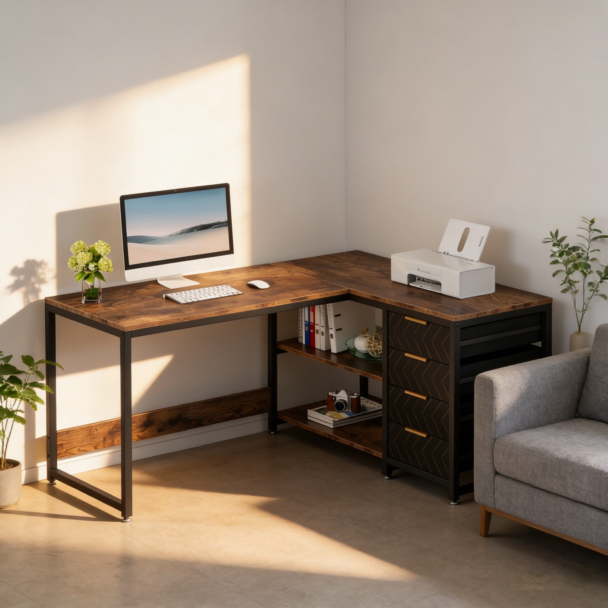 Celya Eckschreibtisch Schreibtisch mit Regalen, L-förmiger Computertisch mit 4 Schubladen