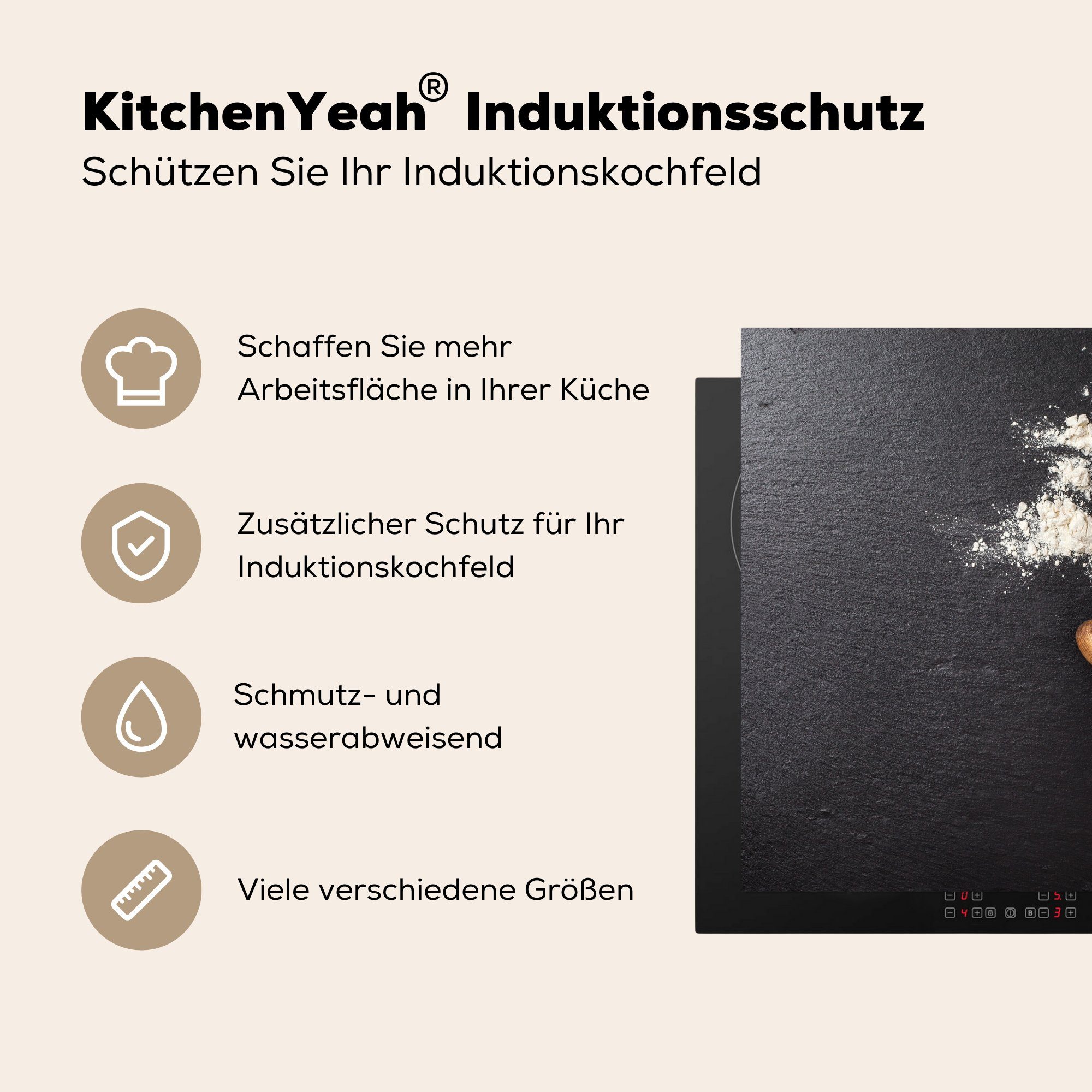 küche - Herdblende-/Abdeckplatte Nudelholz - Induktion, tlg), Backen für Arbeitsplatte cm, Vinyl, (1 - - Ceranfeldabdeckung, 78x78 MuchoWow Induktionsschutz Backutensilien