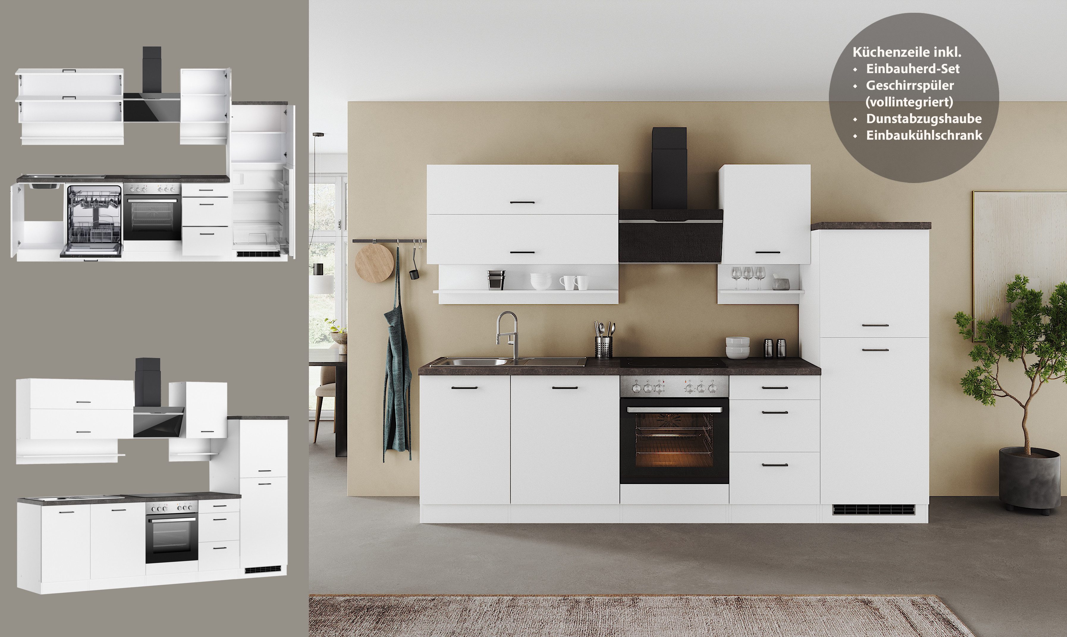 CENTRE DE CUISSON Meuble de cuisine KS-Frieda, largeur 280 cm, avec électroménager en option, plan de travail de 38 mm d'épaisseur