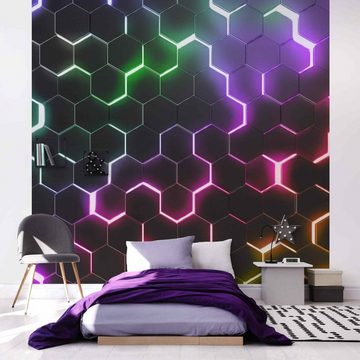 Bilderdepot24 Fototapete Gamer Hexagone Neonlicht Wanddeko Modern Kunst 3D-Effekt, Glatt, Matt, (Vliestapete inkl. Kleister oder selbstklebend), Jugendzimmer Gaming Zimmer Tapete Wohnzimmer Vliestapete Wandtapete