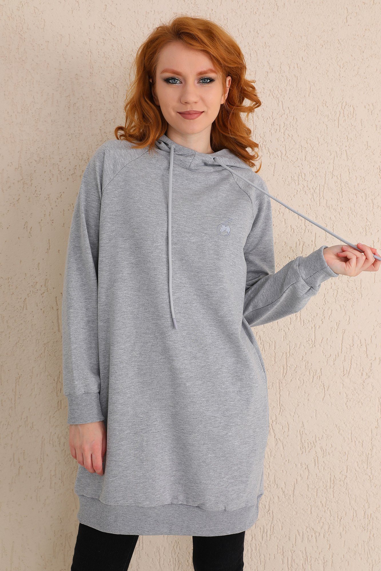 mit Bongual Longpullover hellgrau Sweatkleid Kapuze Fleece