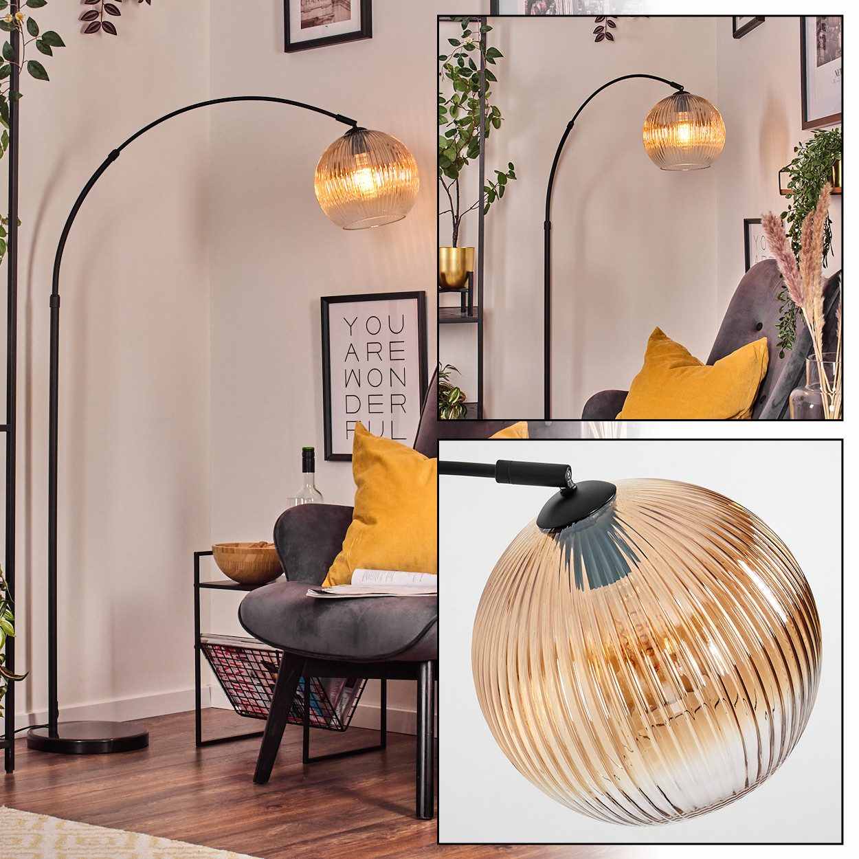 hofstein Bogenlampe Stehlampe aus Metall/Riffelglas, Schwarz/Bernstein/Klar mit Marmorfuß, ohne Leuchtmittel, moderne Stehleuchte verstellbar, Ø Schirm 25 cm, Fußschalter, E27