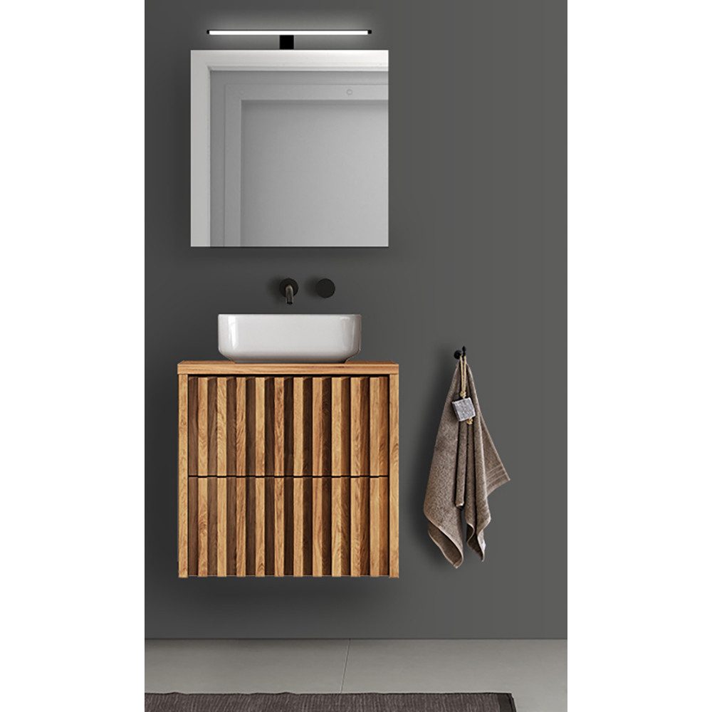 Lomadox Badmöbel-Set DESIO-107, (Spar-Set, 2-St., Waschtisch LED-Spiegelschrank), in Eiche Nb. mit Lamellenfront, griffloses Design, Softclose