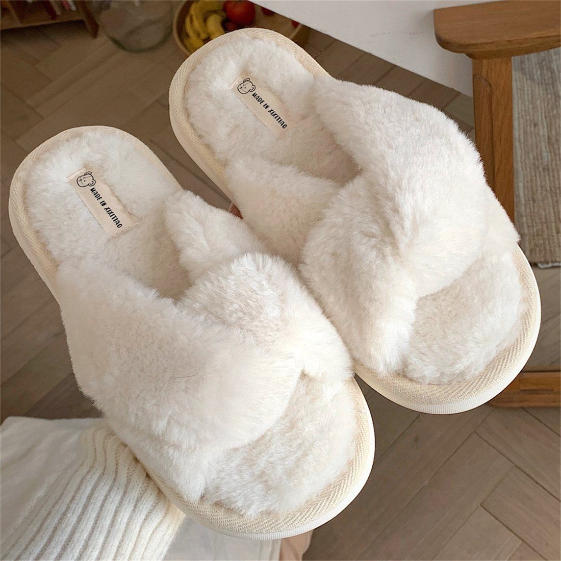 Hausschuhe, Hausschuhe Crossover warme Plüsch Weiß Frauen Schuhe einfarbig Baumwolle DÖRÖY Plüsch
