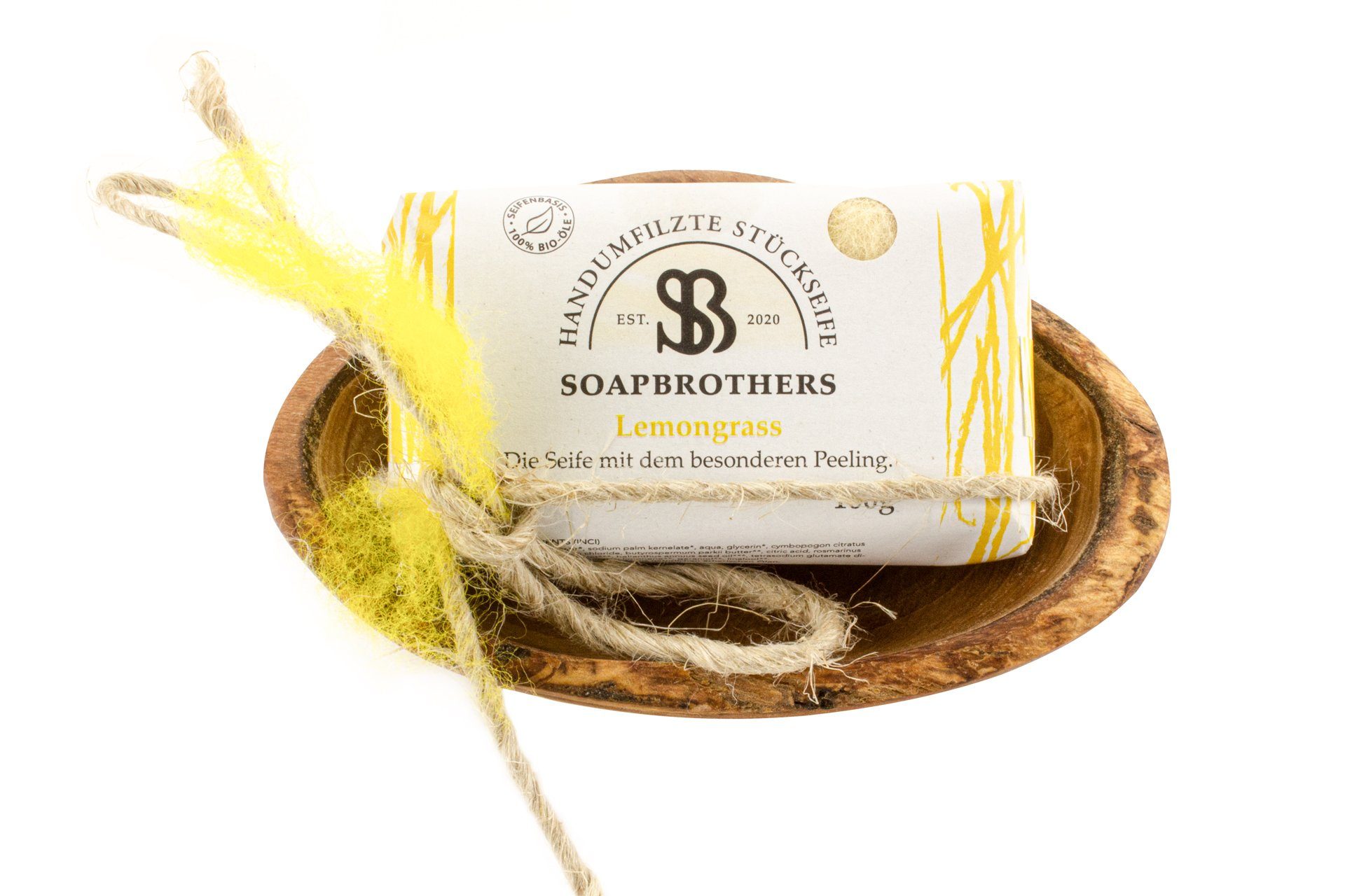 Soapbrothers Seifen-Set Geschenk-Box Naturkosmetik und Olivenholzseifenschale 8 versch. Düfte, 2-tlg., Naturkosmetik gelb | Handseifen