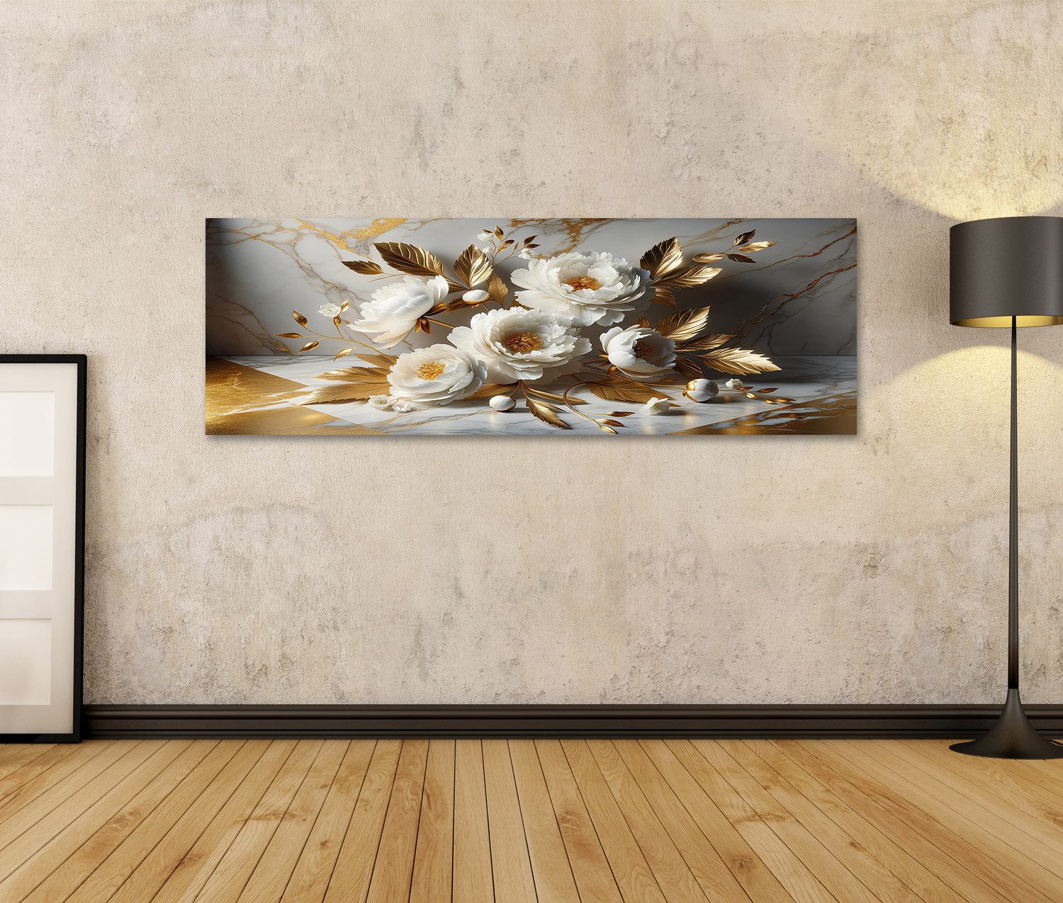 islandburner Leinwandbild Weiße Pfingstrosen und goldene günstig online kaufen