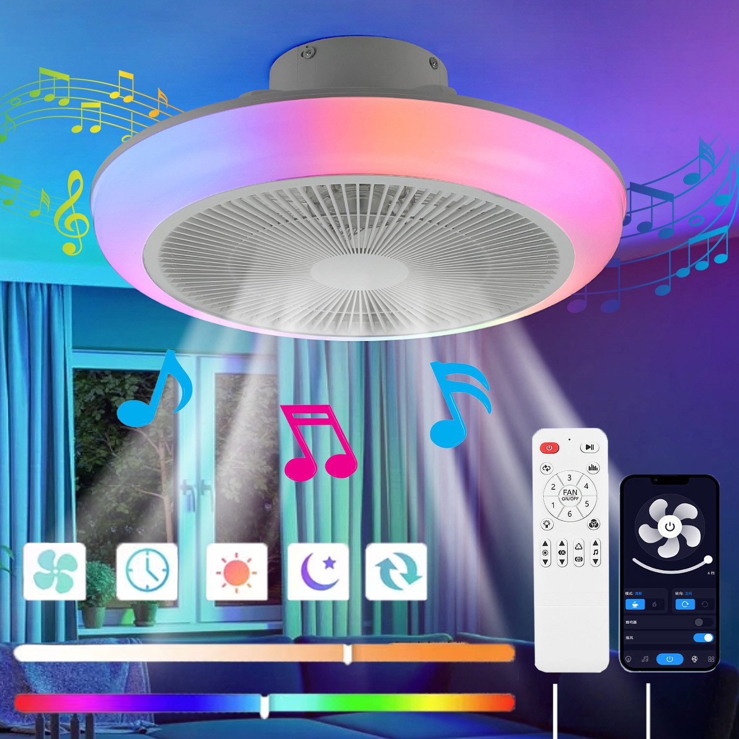 oyajia Deckenventilator 60W Leise Deckenventilator, Dimmbare LED Deckenleuchte RGB Farbwechsel, Musik Lamp Luftzirkulation Funktion für Wohnzimmer Schlafzimmer Küche