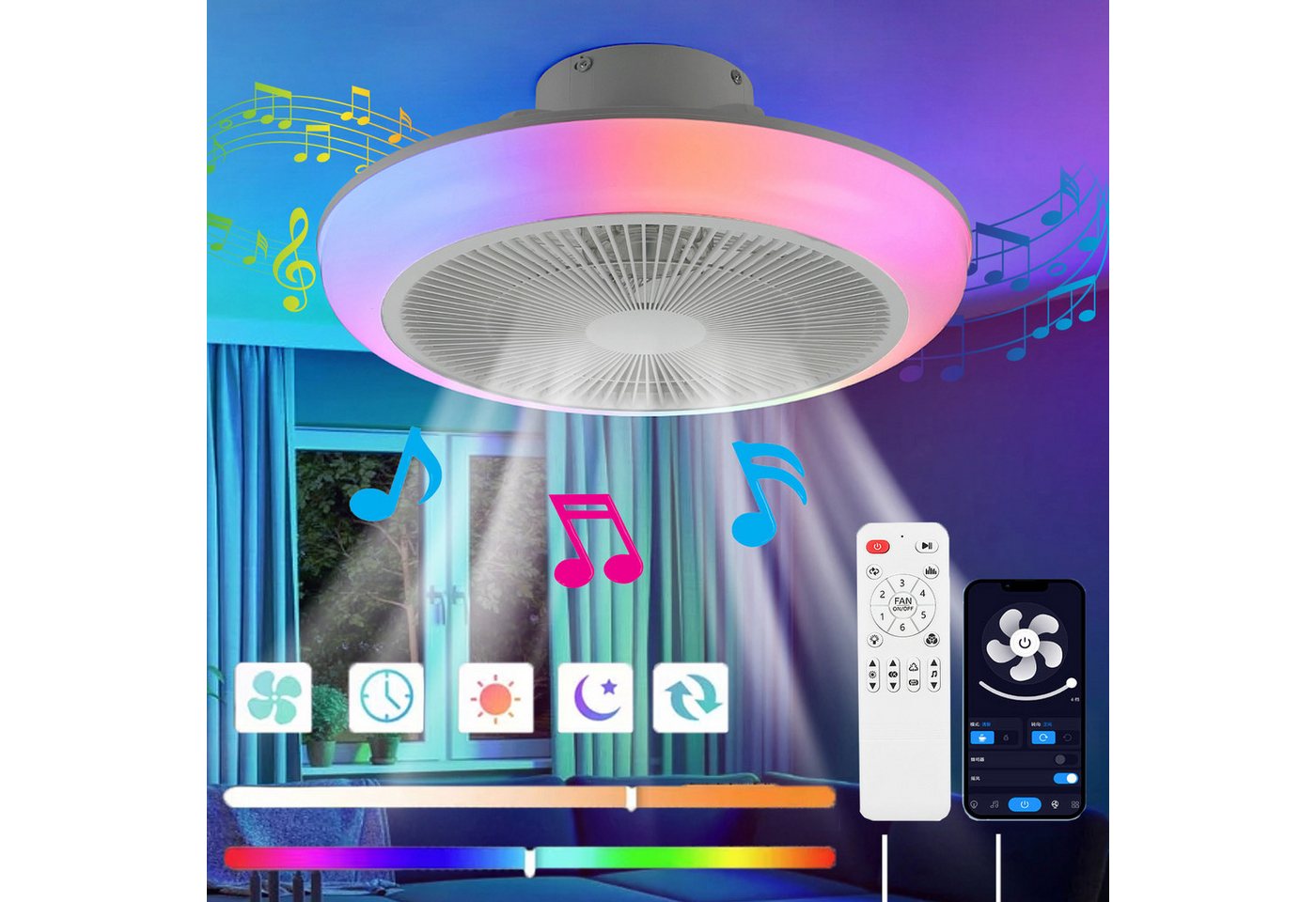 oyajia Deckenventilator 60W Leise Deckenventilator, Dimmbare LED Deckenleuchte RGB Farbwechsel, Musik Lamp Luftzirkulation Funktion für Wohnzimmer Schlafzimmer Küche
