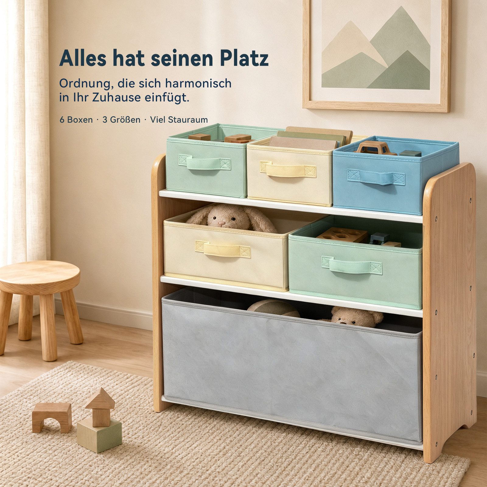 ALVIX Kinderregal NESTA 6, Packung, 6 herausnehmbare Stoffboxen in 3 Größen