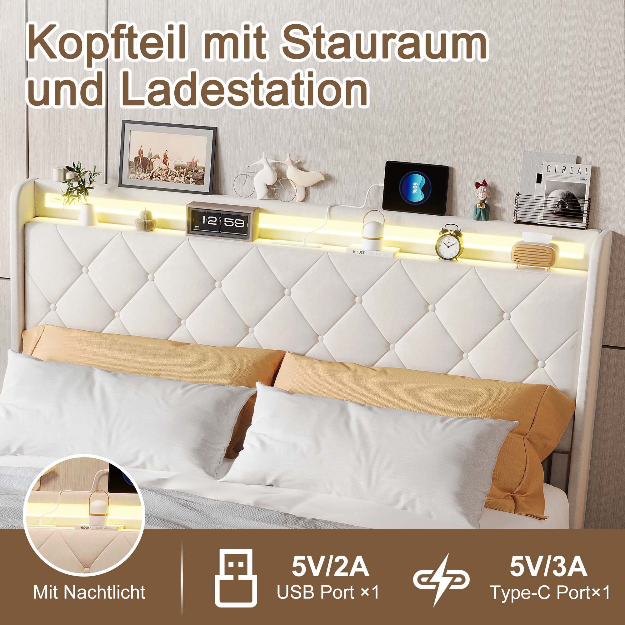 ADWOLT Stauraumbett Polsterbett mit Lattenrost und LED-Beleuchtung, Jugendbett 140x200cm mit USB&Type-C,Doppelbett mit 4 Schubladen,Beige – Bild 2 von 5