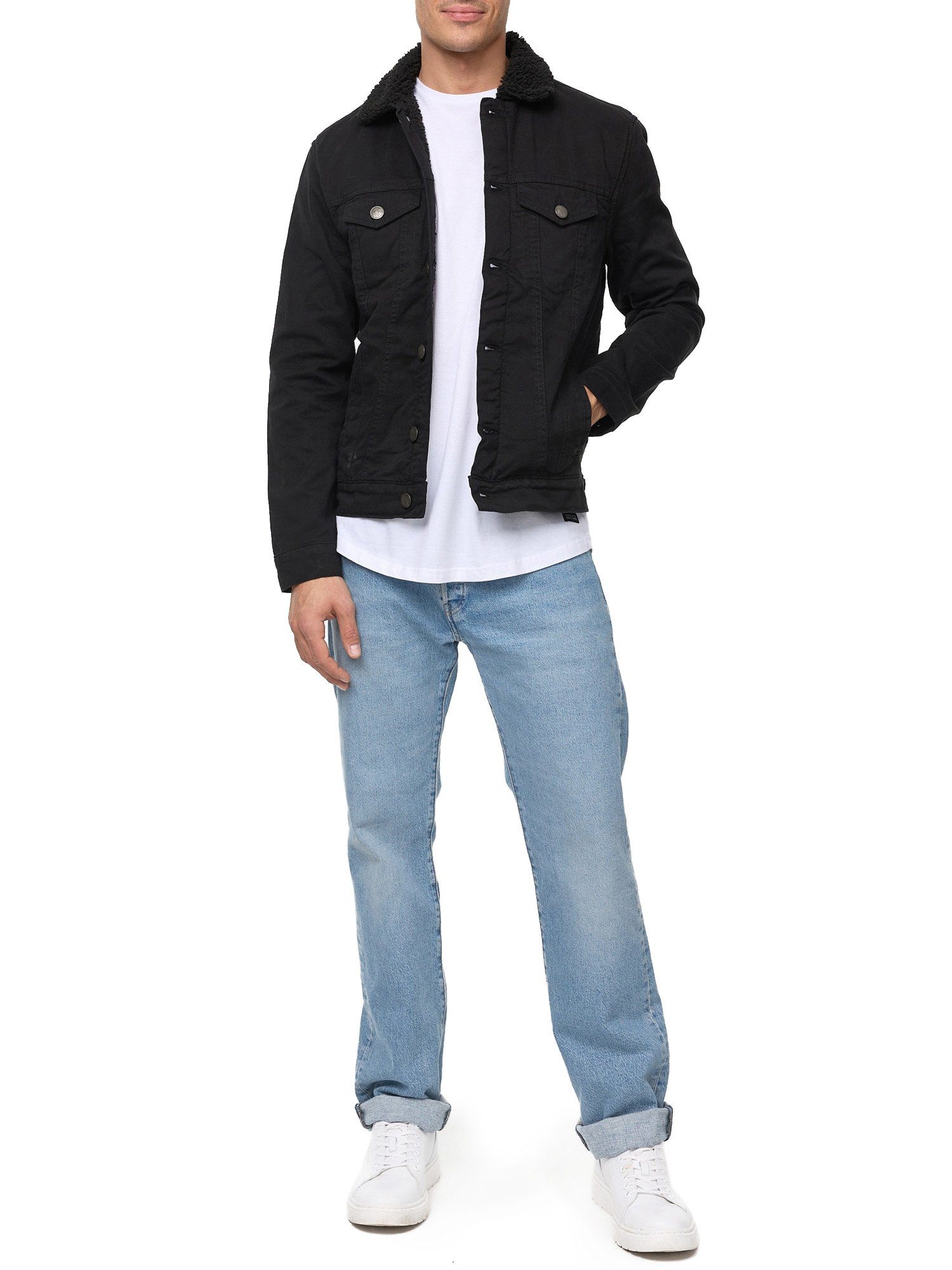 Tazzio Jacke Fellkragen schwarz Jeansjacke A400 mit Jeans