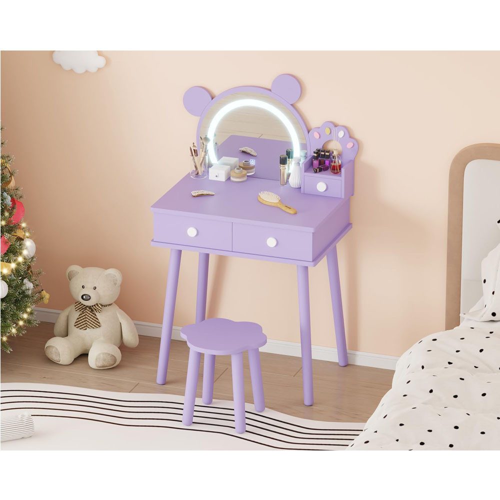 GarveeMore Schminktisch Kinderschminktisch Mit Stuhl Set Mit Beleuchtetem Spiegel