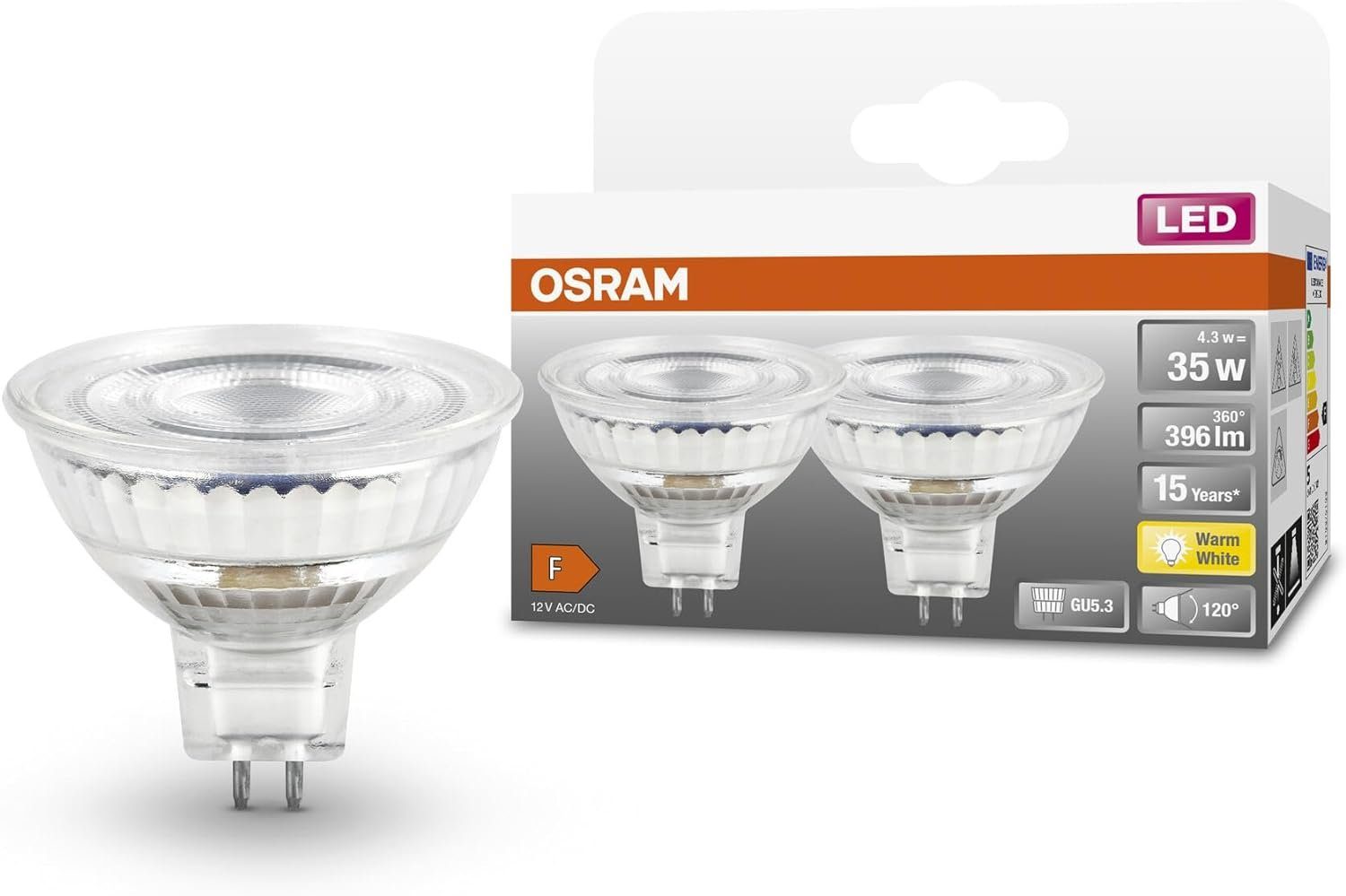 Osram LED-Leuchtmittel LED SPOT MR16 GL 35 Niedervolt-Reflektorlampe Sockel GU5.3 2700K [2er], GU 5,3, 2 St., Warm weiß, Dimmbar, Energiesparend