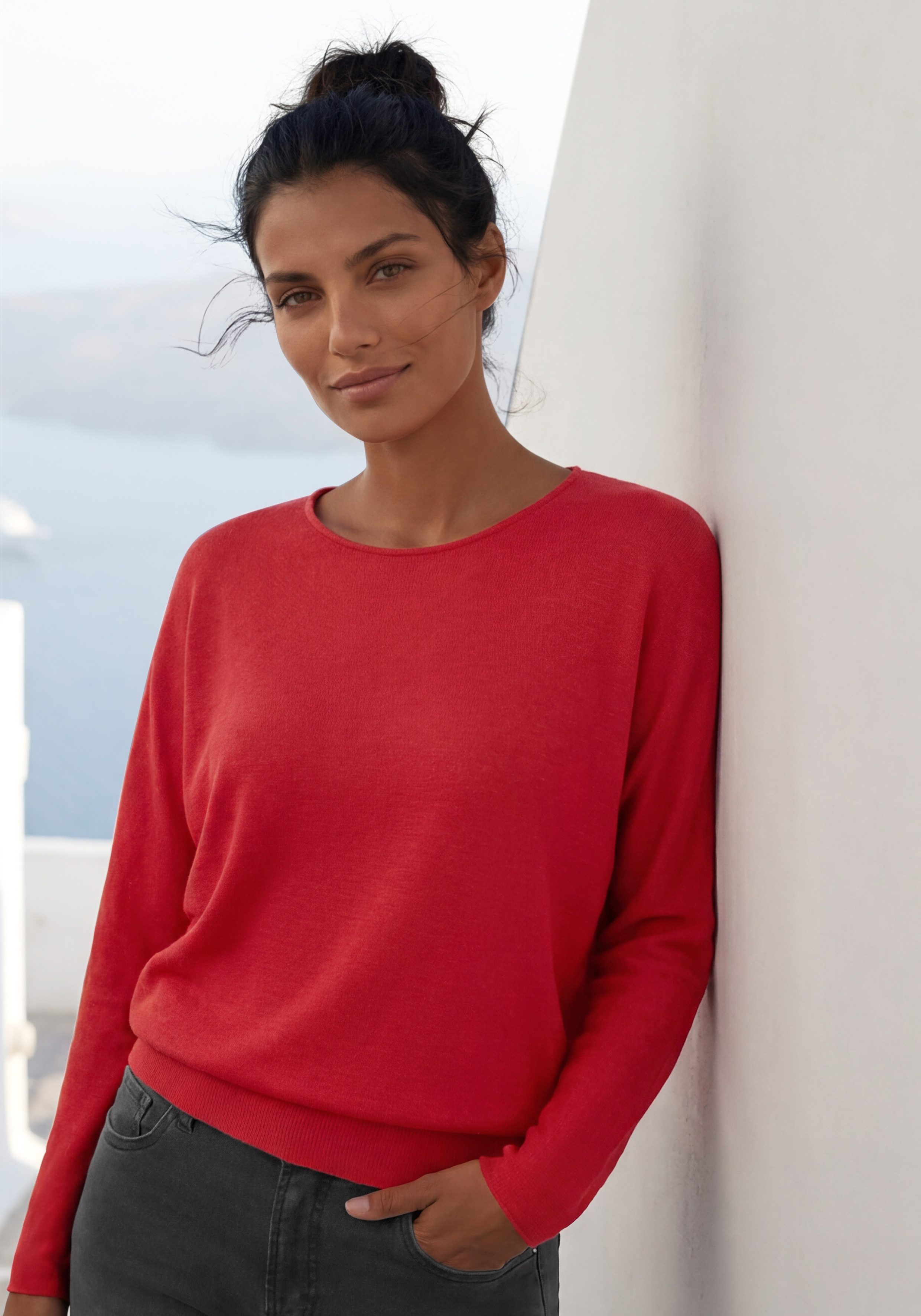 Vivance by Lascana Langarmshirt mit breitem Bund aus strukturiertem, luftigem Feinstrick mit Viskose