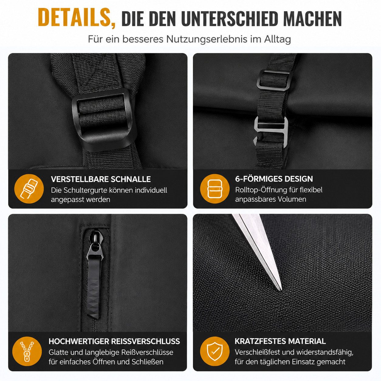 Toomoke Laptoprucksack Rolltop Rucksack Herren Damen, Cityrucksack mit 15,6-Zoll-Fach (Daypack für Büro, Uni und Reise, wasserabweisend mit Trolleygurt), atmung – Bild 5 von 5