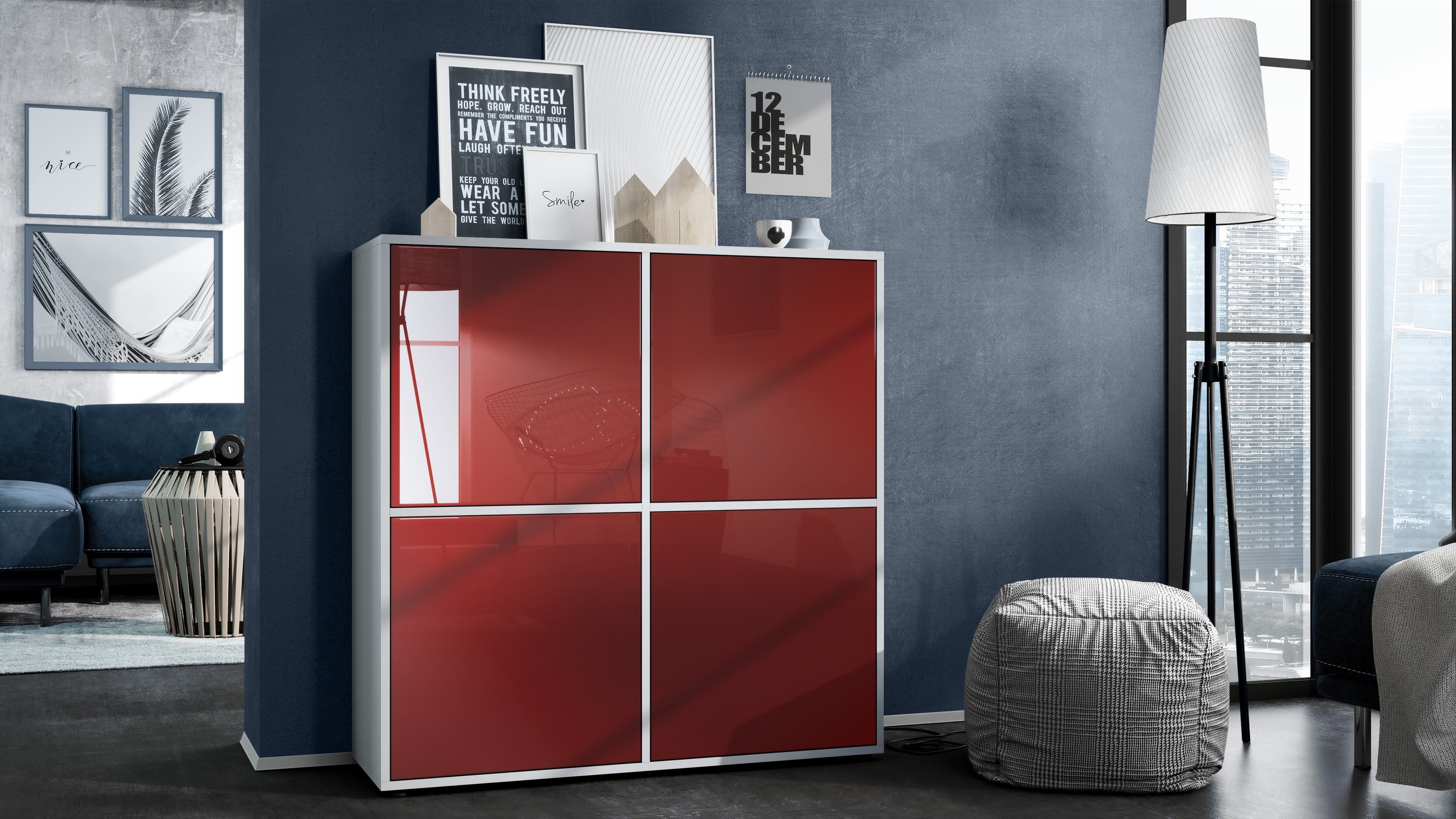 Vladon Highboard Cuba V2 (Schrank, 104 x 105,5 x 35,5 cm Sideboard mit 8 Fächern), Korpus in Weiß matt / Fronten in Bordeaux Hochglanz