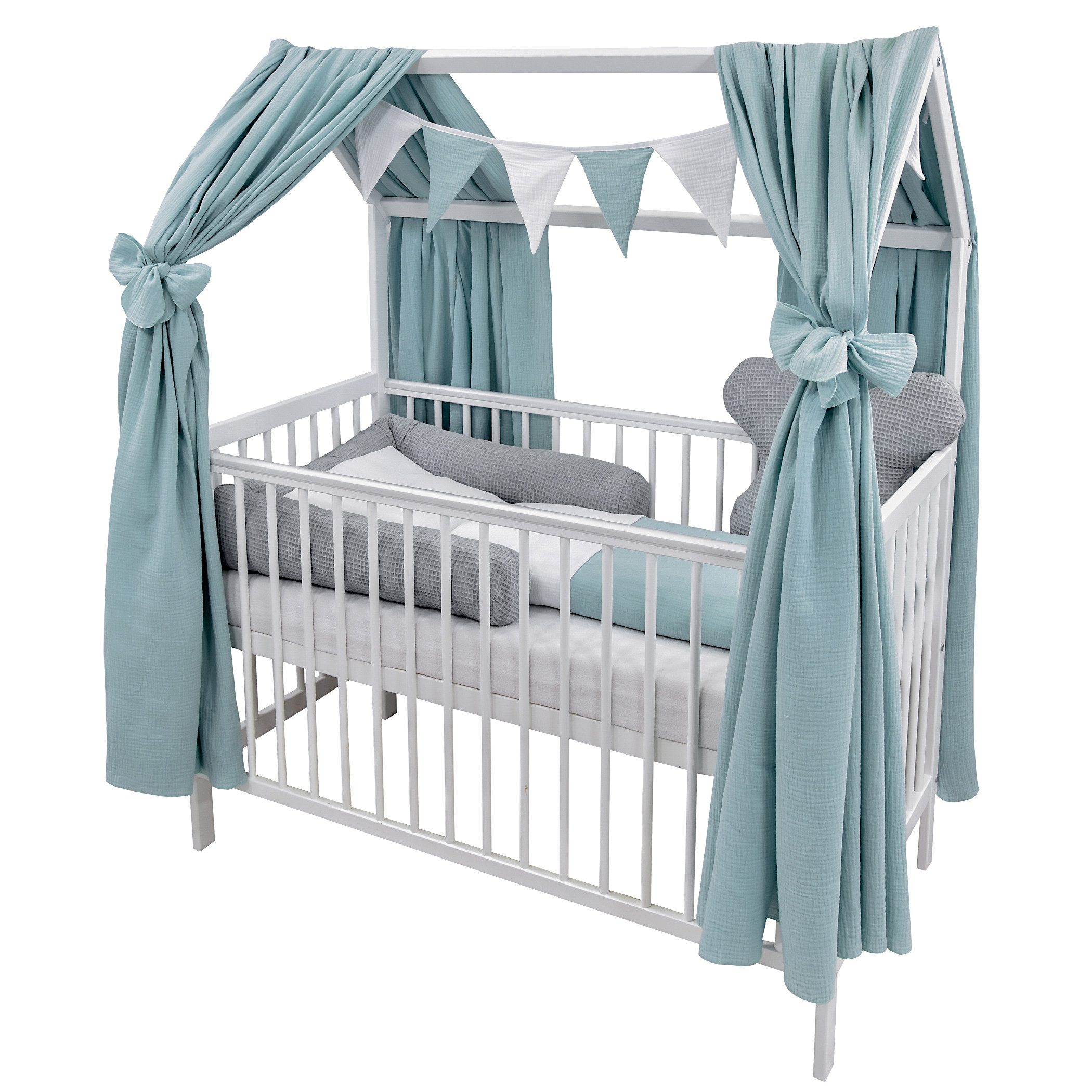 Baby-Delux Komplettbett Hausbett Babybett Komplettset Waffelpique Musselin, günstig online kaufen