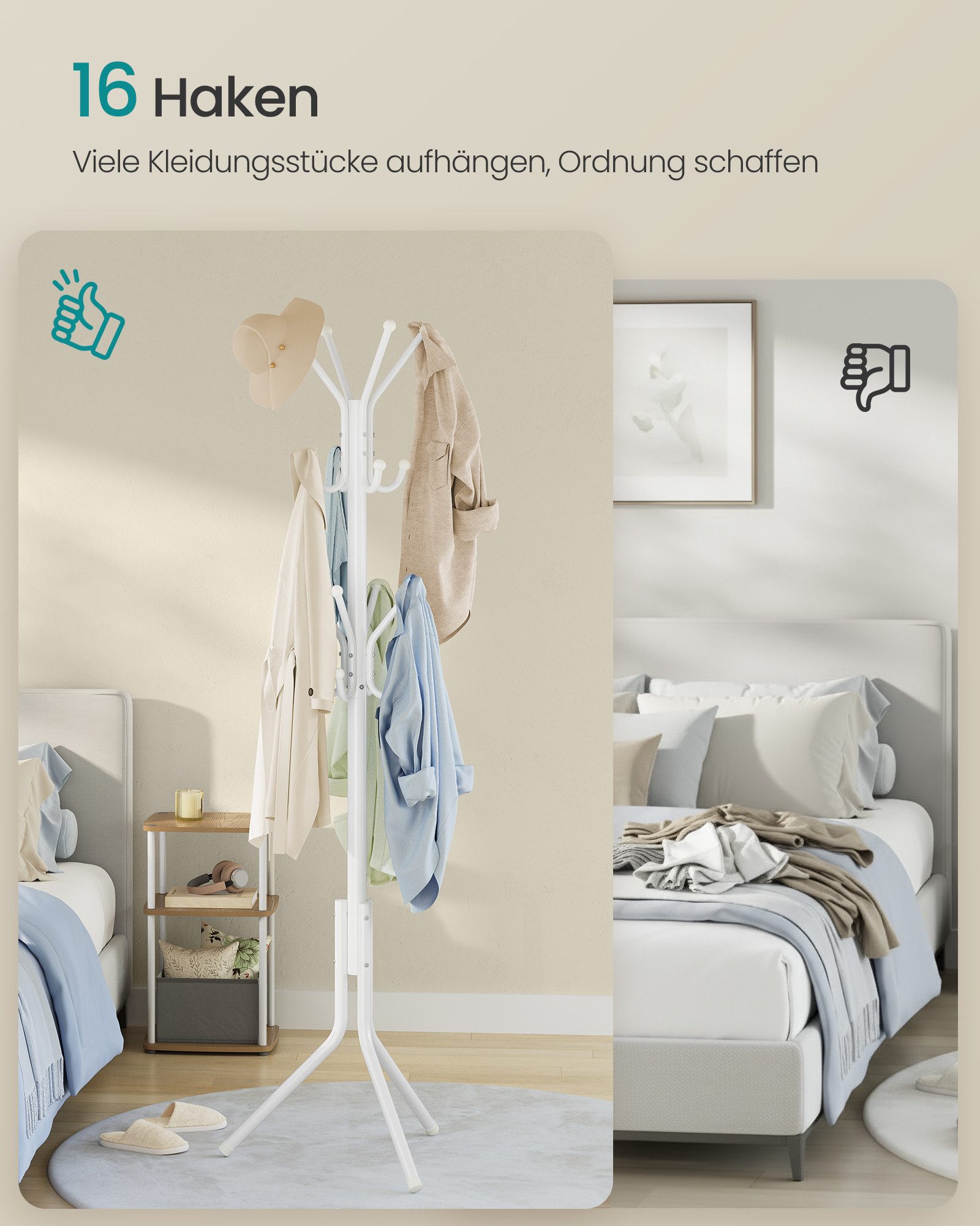 SONGMICS Garderobenständer Kleiderständer, Garderobe, für Kleidung, Taschen und Hüte, Höhe 175 cm, aus Metall, 16 Haken, Eingangsbereich, Wohnzimmer, Schlafzimmer, weiß