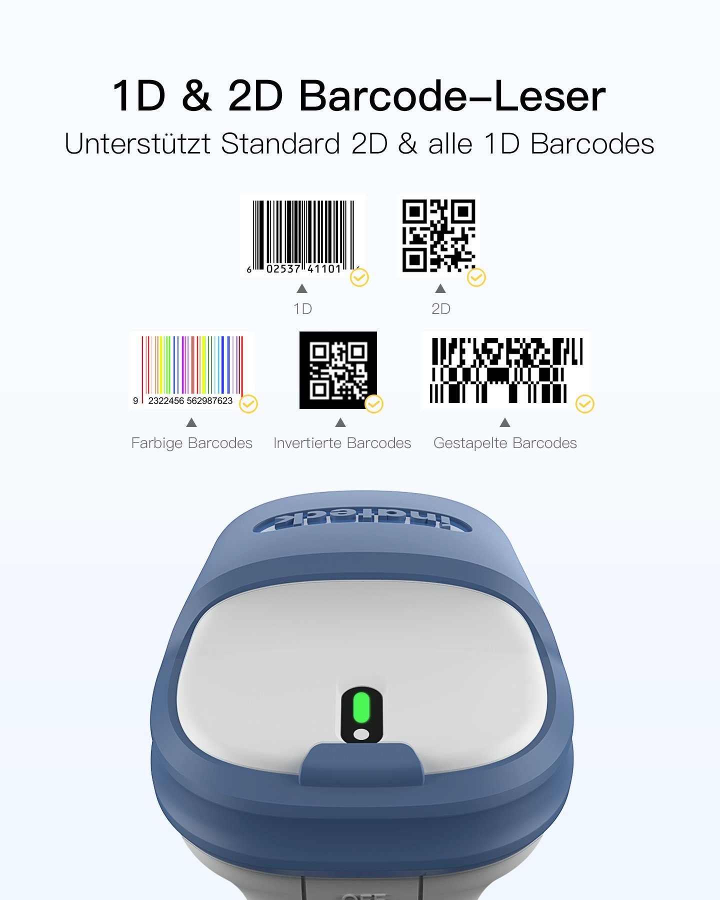 Inateck Wireless Barcode Scanner 2D, Bluetooth 5.0, 2.4Ghz Handscanner
