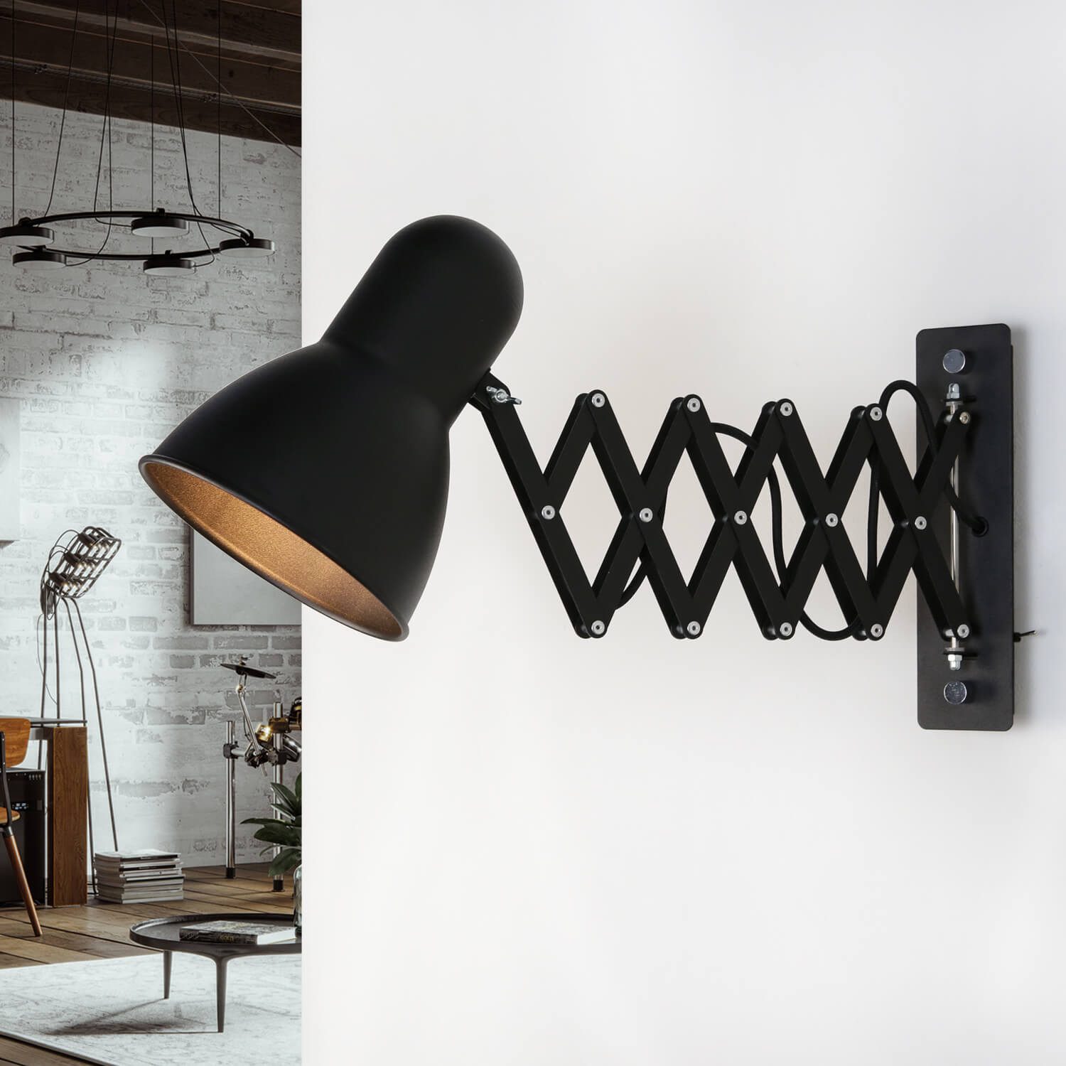 Licht-Erlebnisse Wandleuchte HARMONY, ohne Leuchtmittel, Ausziehbar mit Schalter Schwarz Retro Scherenlampe Metall E27