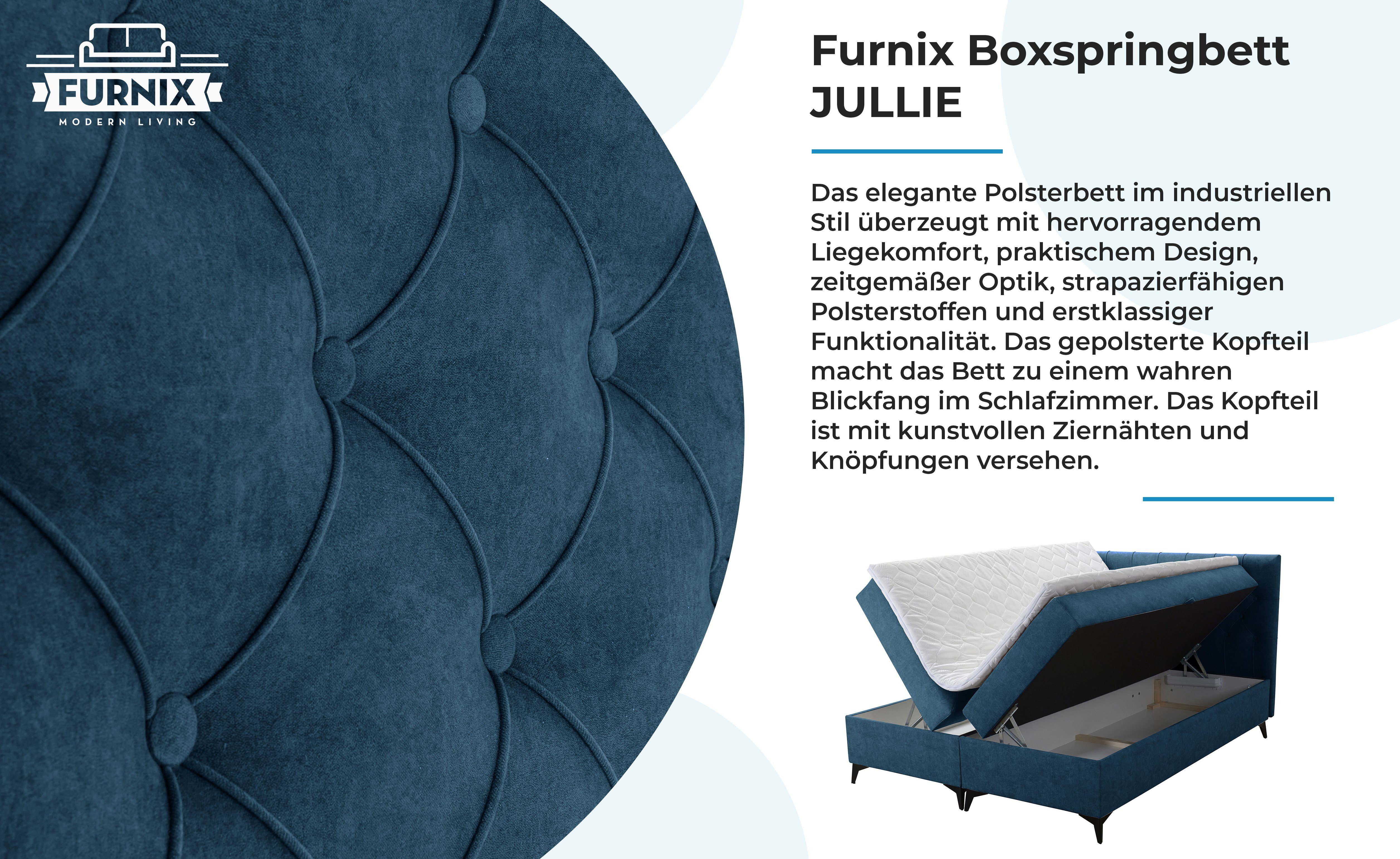 JULLIE Furnix Farbe/Größe Boxspringbett mit 129-200x200 mit Bettkaste Topper Auswahl, Blau Topper