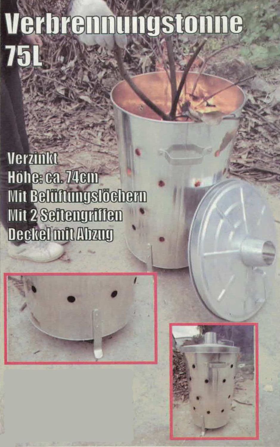 BURI Feuerschale Feuertonne 75ltr für Gartenabfälle Brennofen Verbrennungstonne